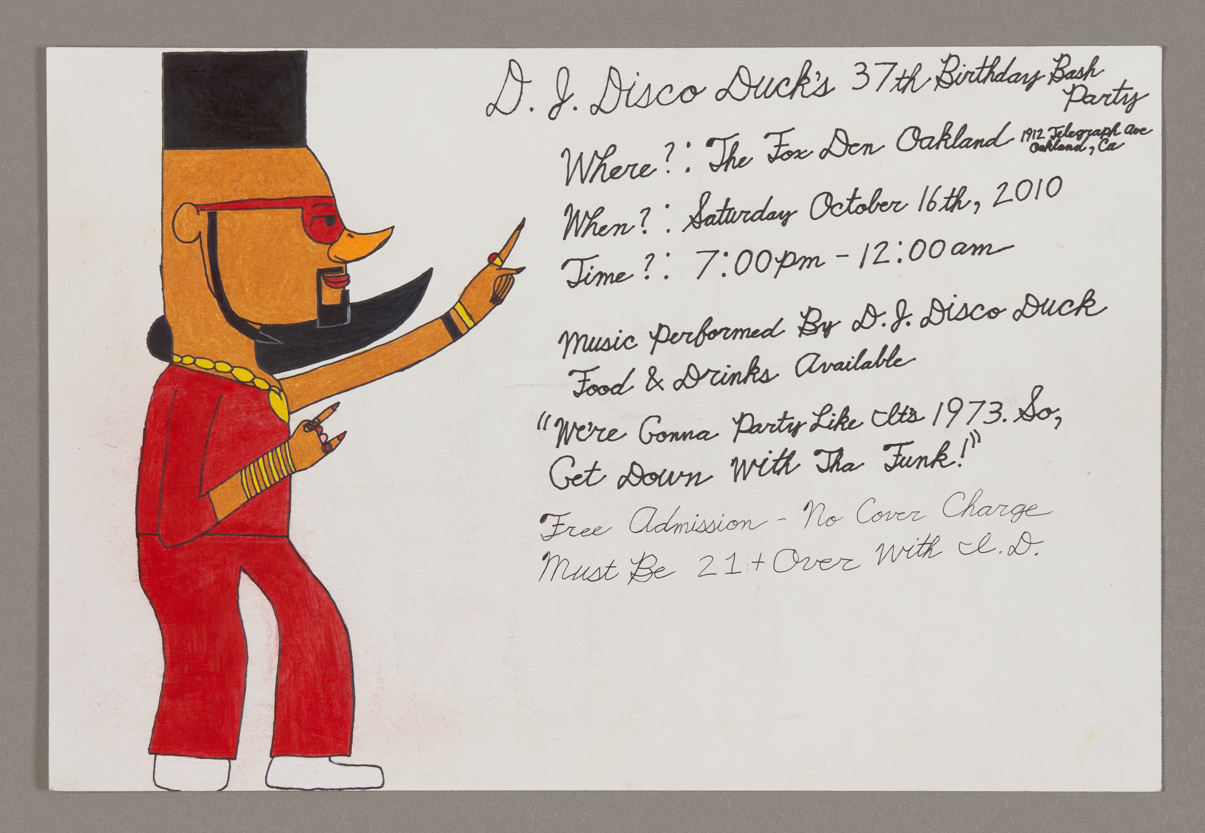 Drawing of a figure in orange top hat and red outfit dancing, with handwritten party invitation text in colored pencil and ink