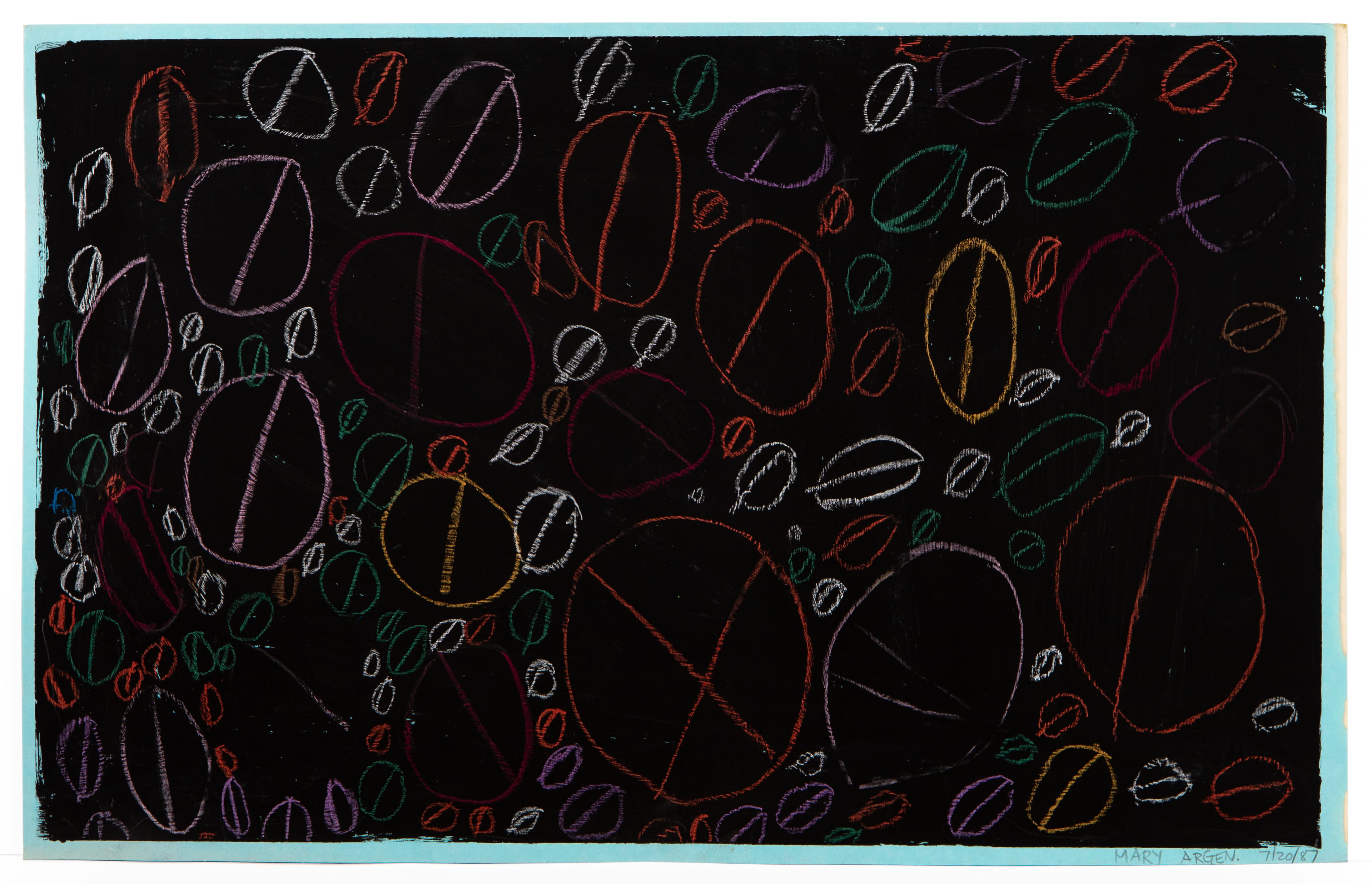 Drawing with colorful chalk circles and ovals on black paper by Mary Argen