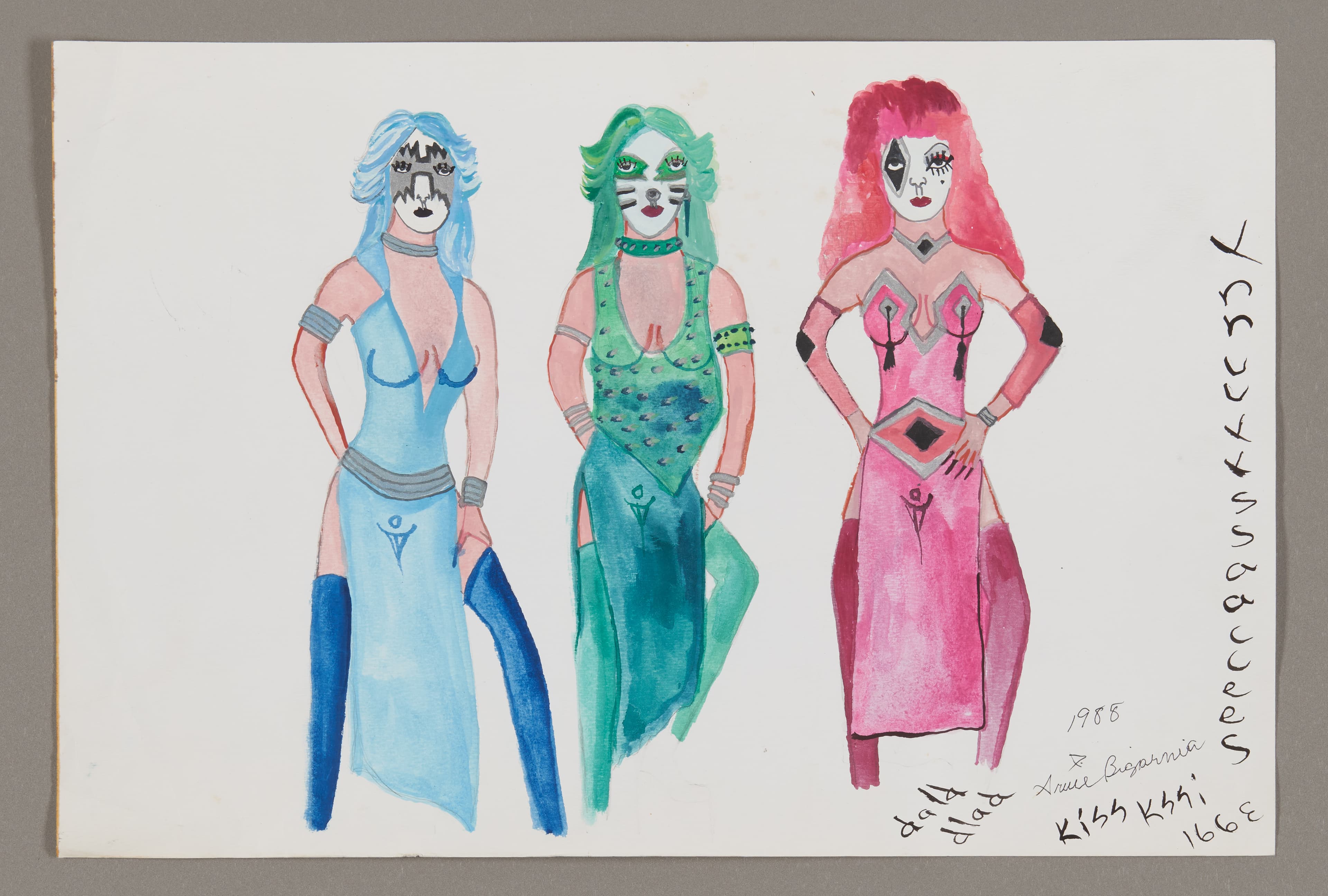 Watercolor drawing of three standing figures with colorful hair and outfits in blue, green, and pink