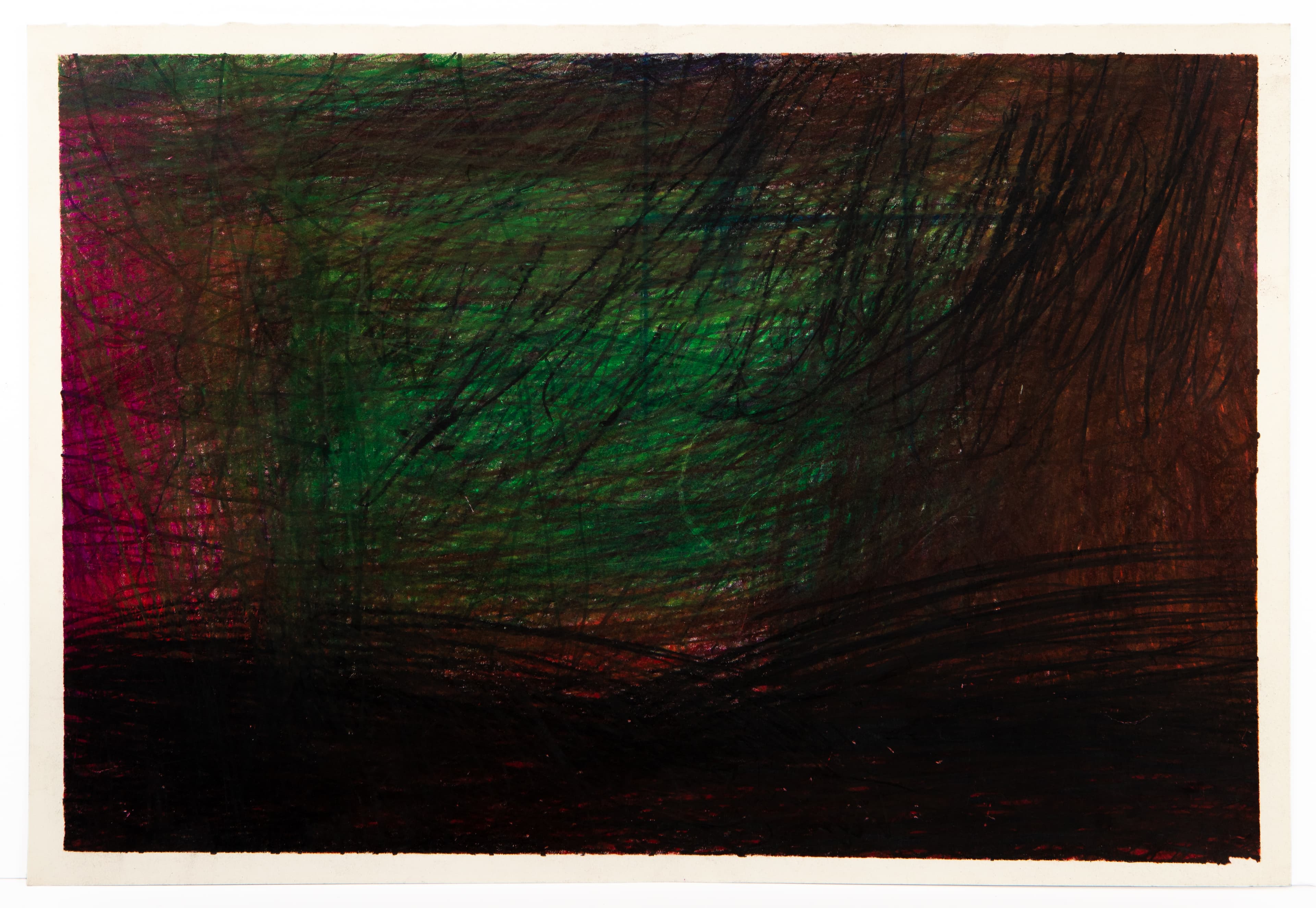 Abstract drawing with energetic diagonal scribbles in green, purple, and brown across dark background