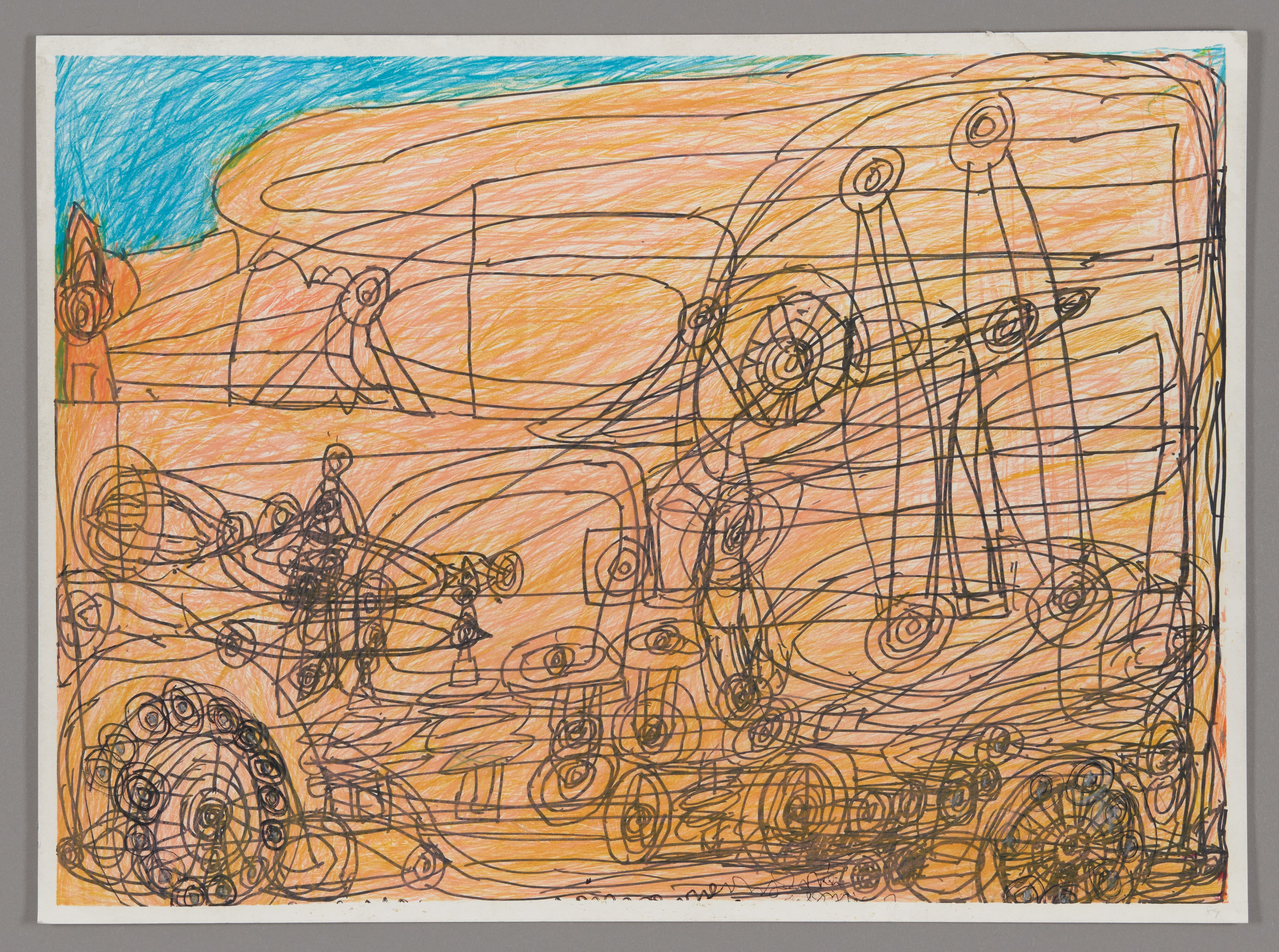 Drawing with black ink lines and orange crayon showing abstract mechanical forms and circular shapes on paper