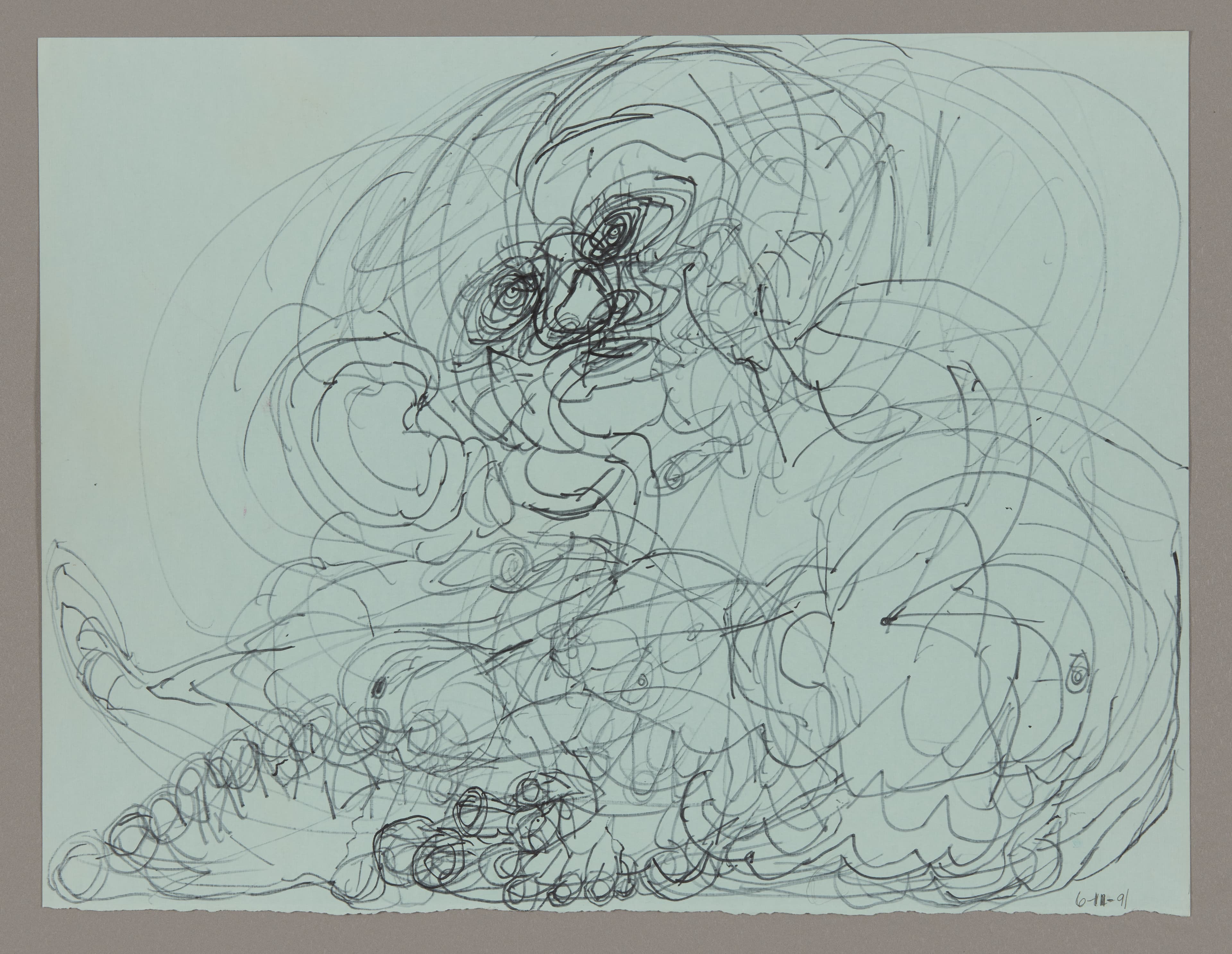 Abstract line drawing in black ink on pale green paper showing swirling, circular forms and energetic gestural marks