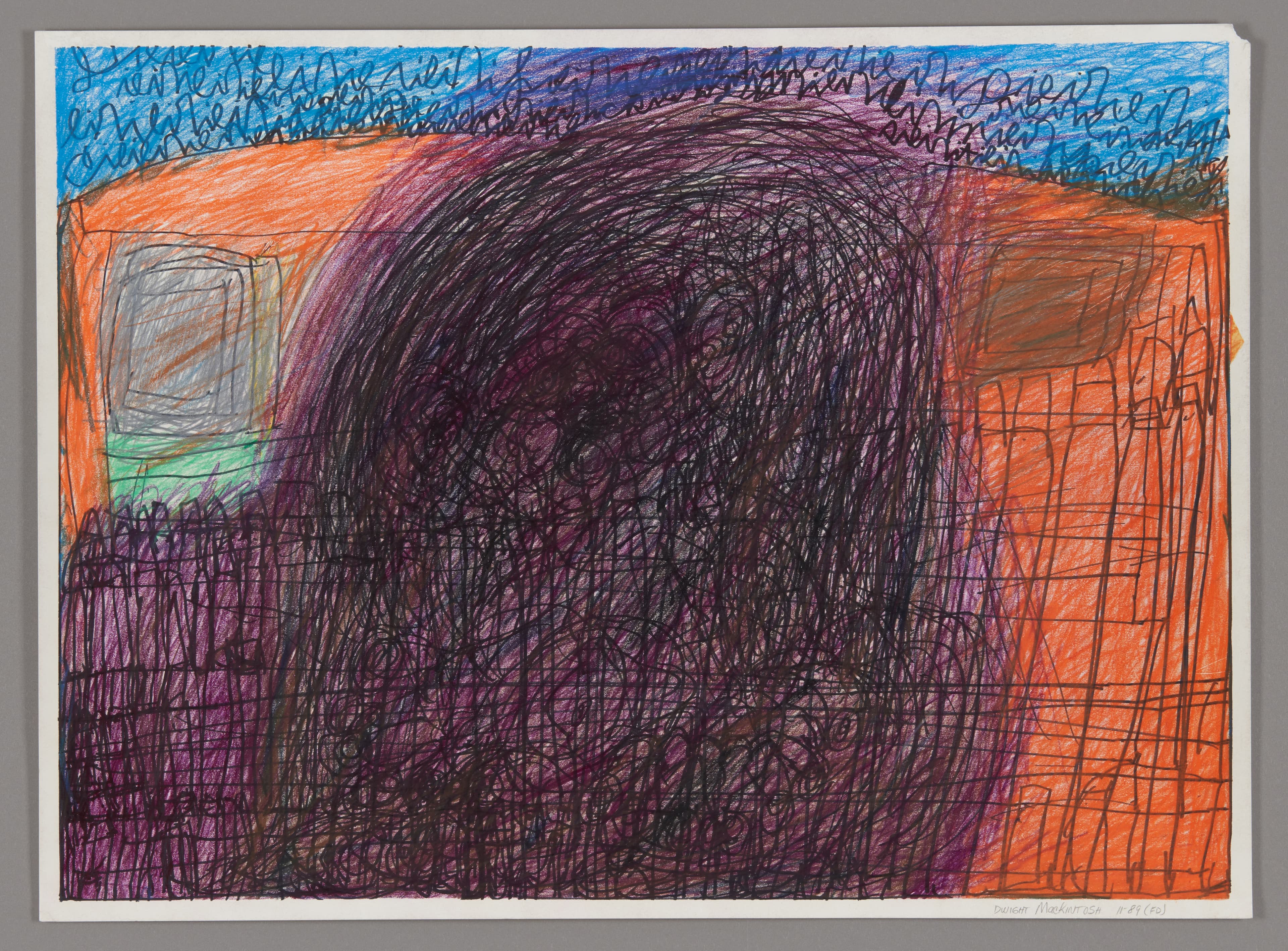 Drawing with dense purple scribbles over orange and blue areas, ink and crayon on paper