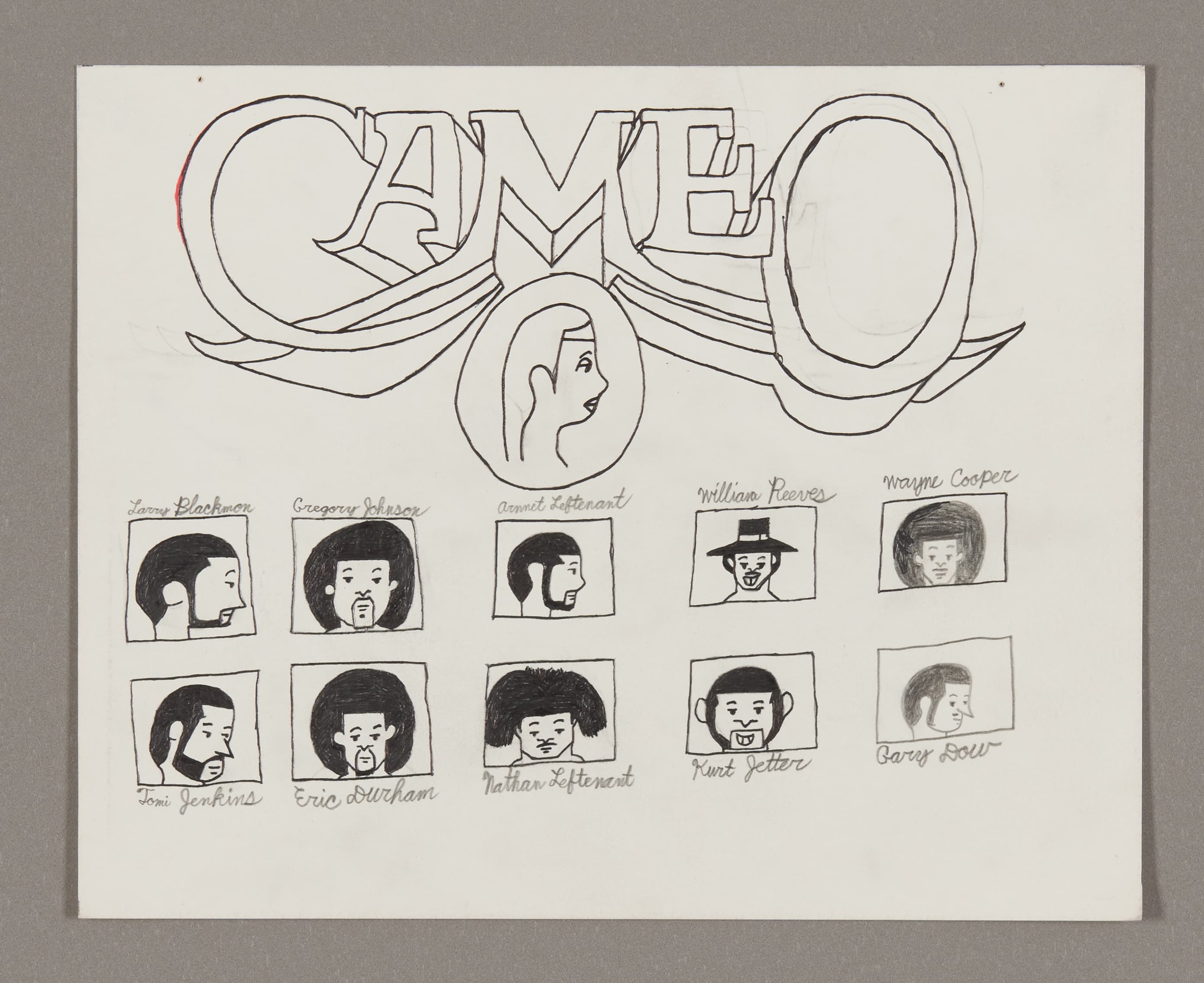 Drawing titled 'CAMEO' with decorative lettering and ten portrait sketches in boxes, graphite on paper