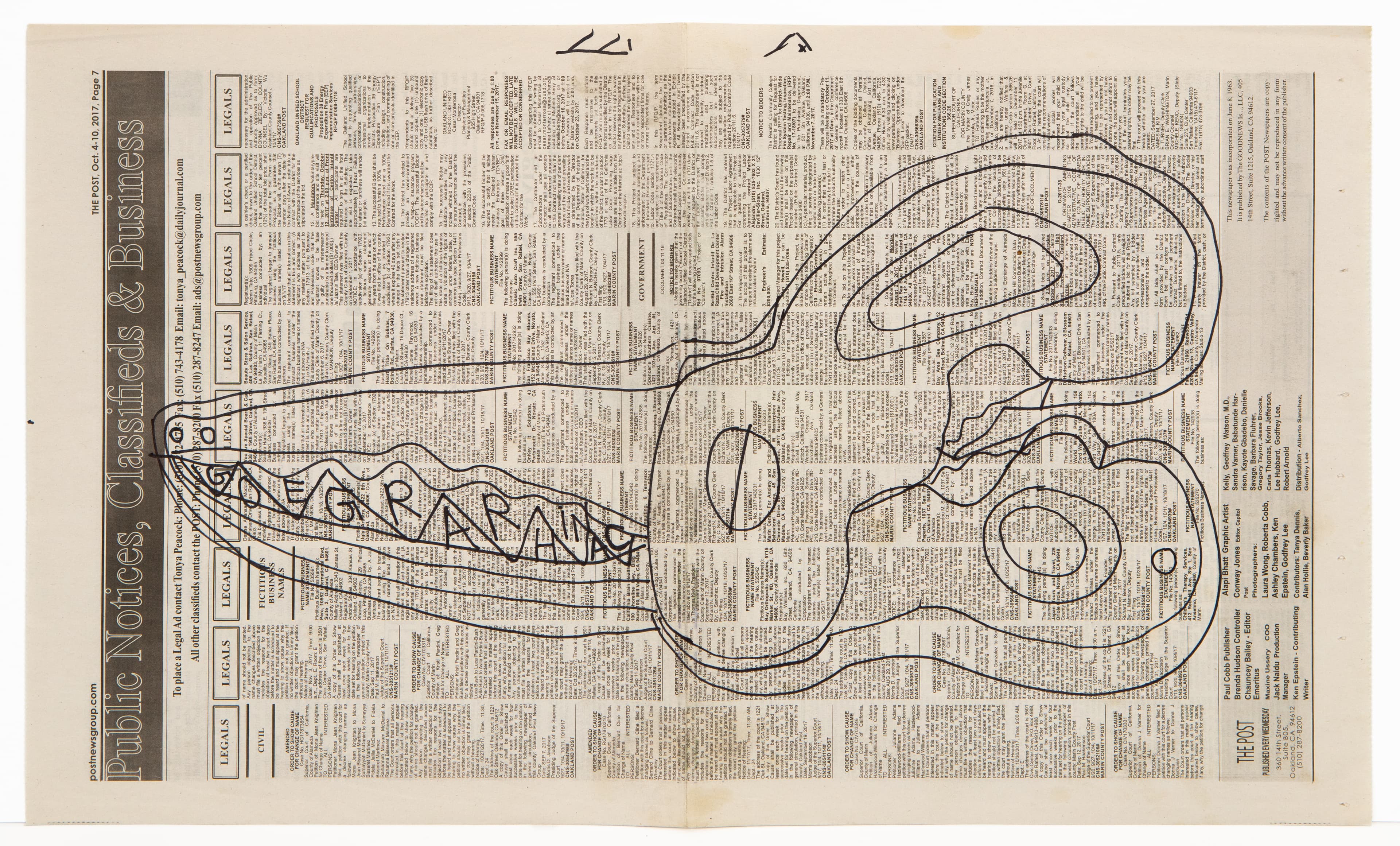 Ink drawing of crocodile or alligator head on newspaper background, black line work showing reptile profile with open jaws