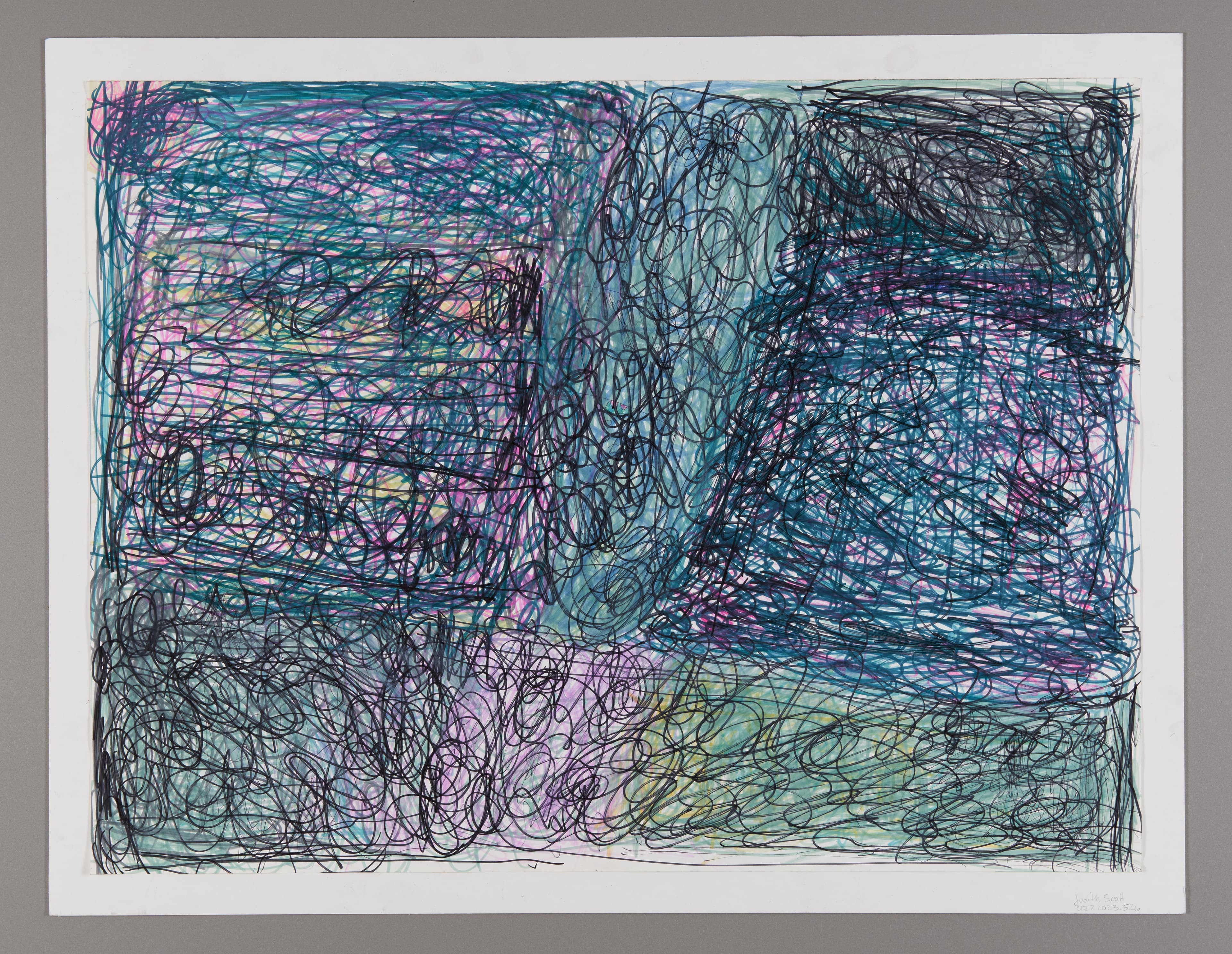 Abstract drawing with dense scribbled lines in blue, purple, and green ink creating overlapping rectangular forms