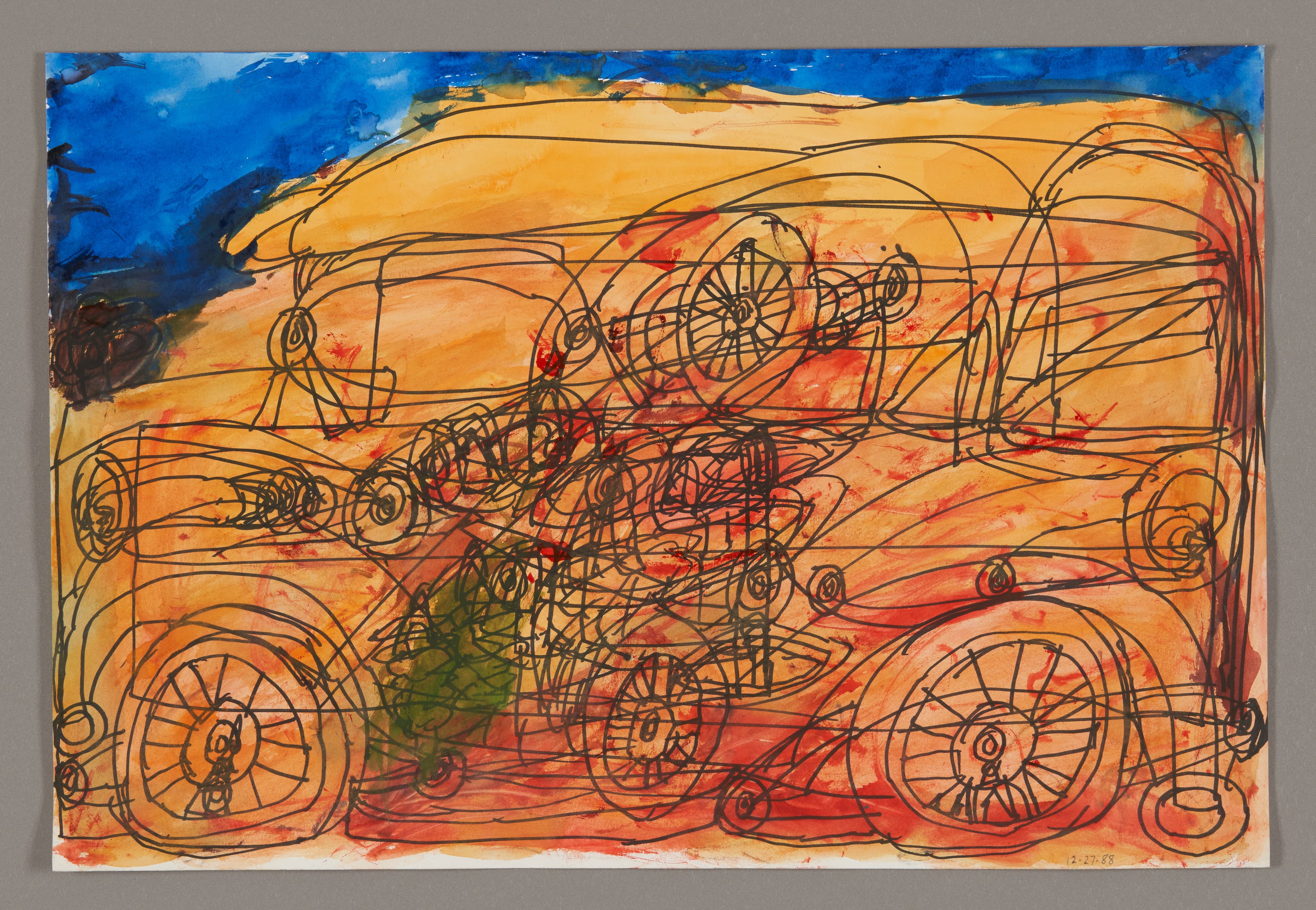 Mixed media drawing of overlapping cars and figures in orange, red, and blue watercolor with black ink line work