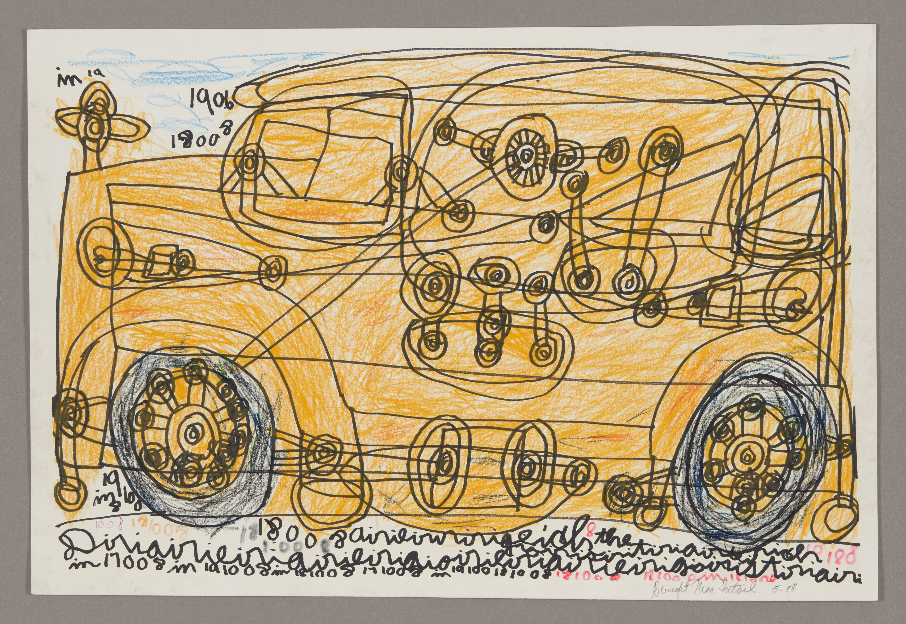 Drawing of a yellow bus with black line work, ink and colored pencil on paper