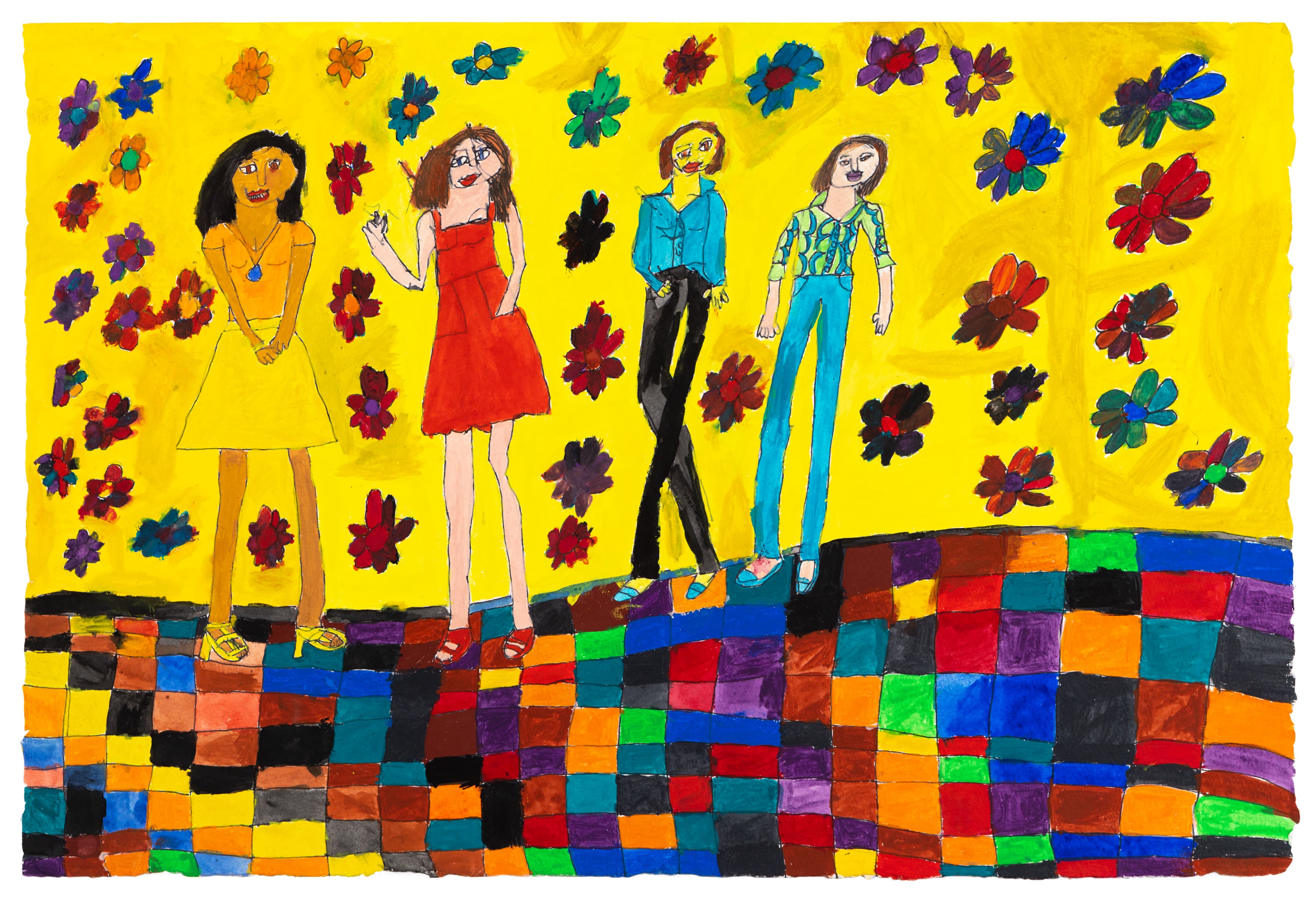 Ink and watercolor painting of four figures on multicolored checkered ground with flowers on yellow background