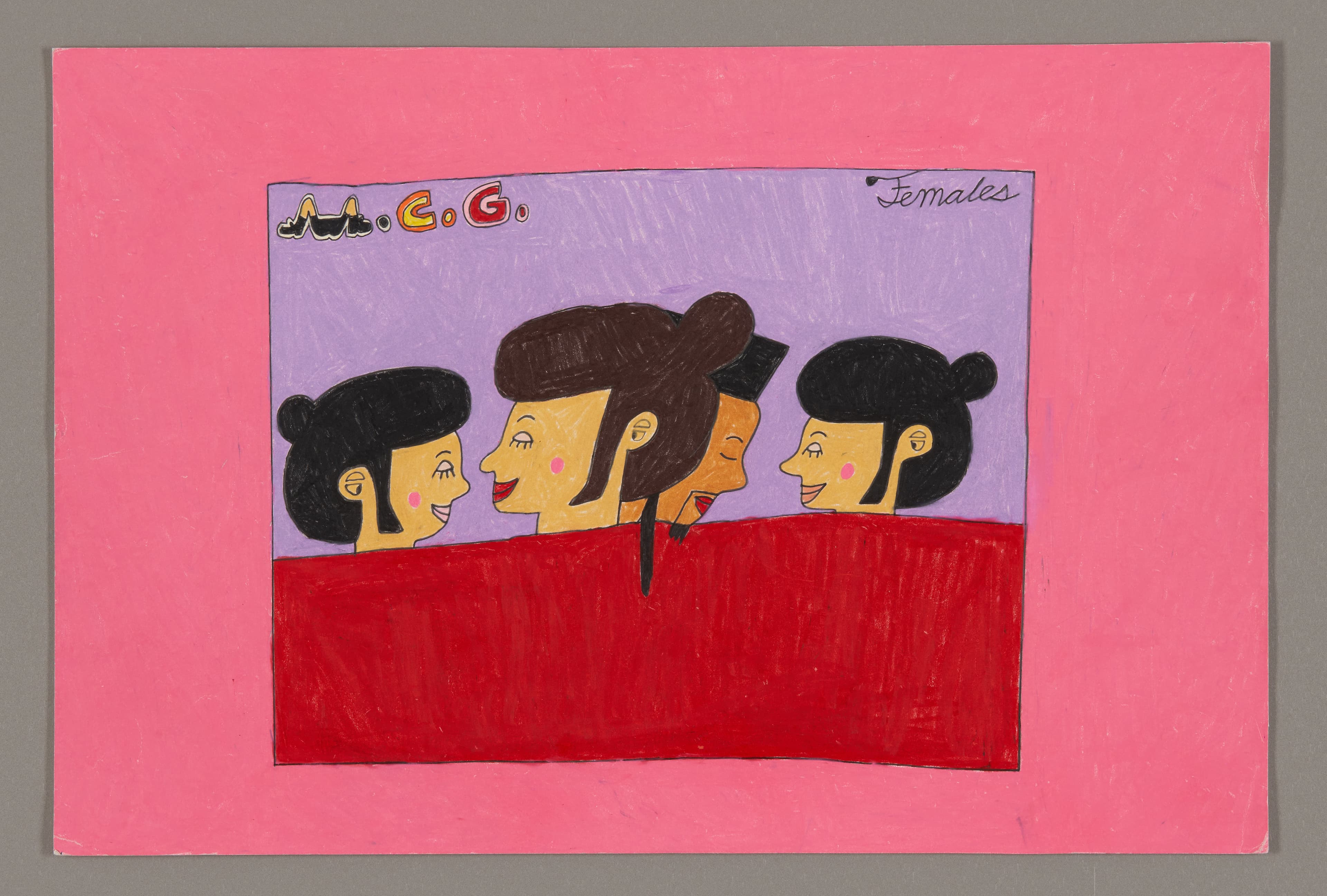Drawing of four female heads in profile on pink paper with purple and red color blocks, mixed media