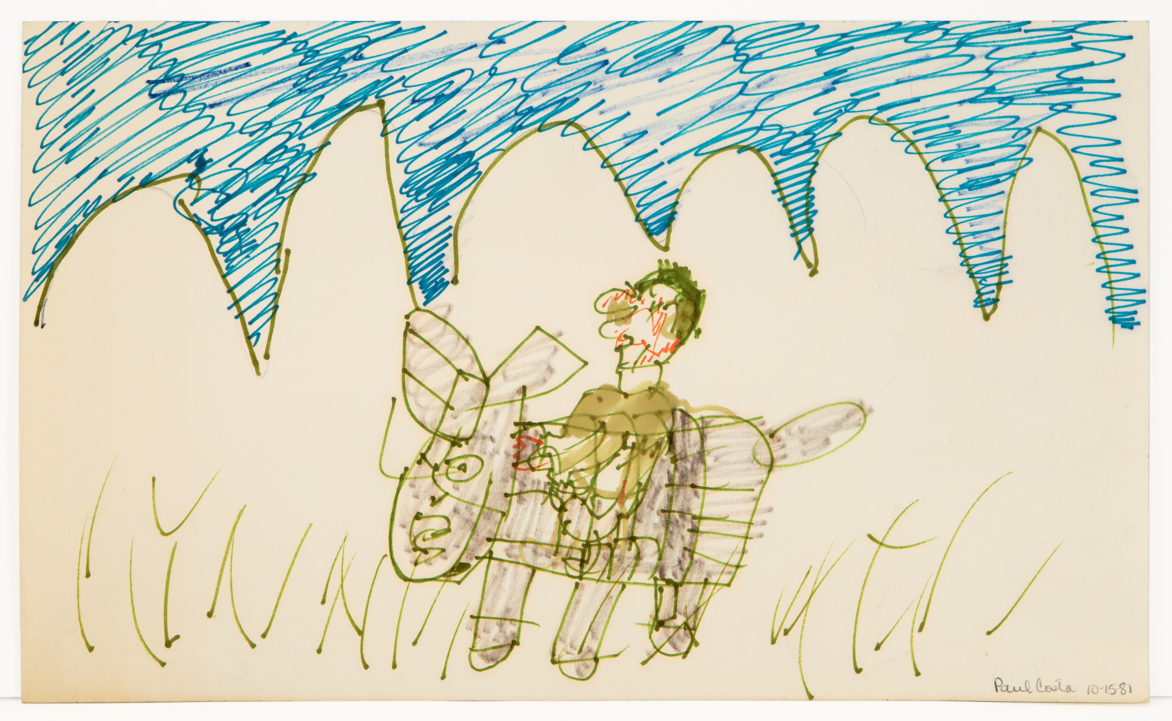 Ink drawing on paper showing a figure riding an animal beneath blue scribbled sky and white mountain-like forms