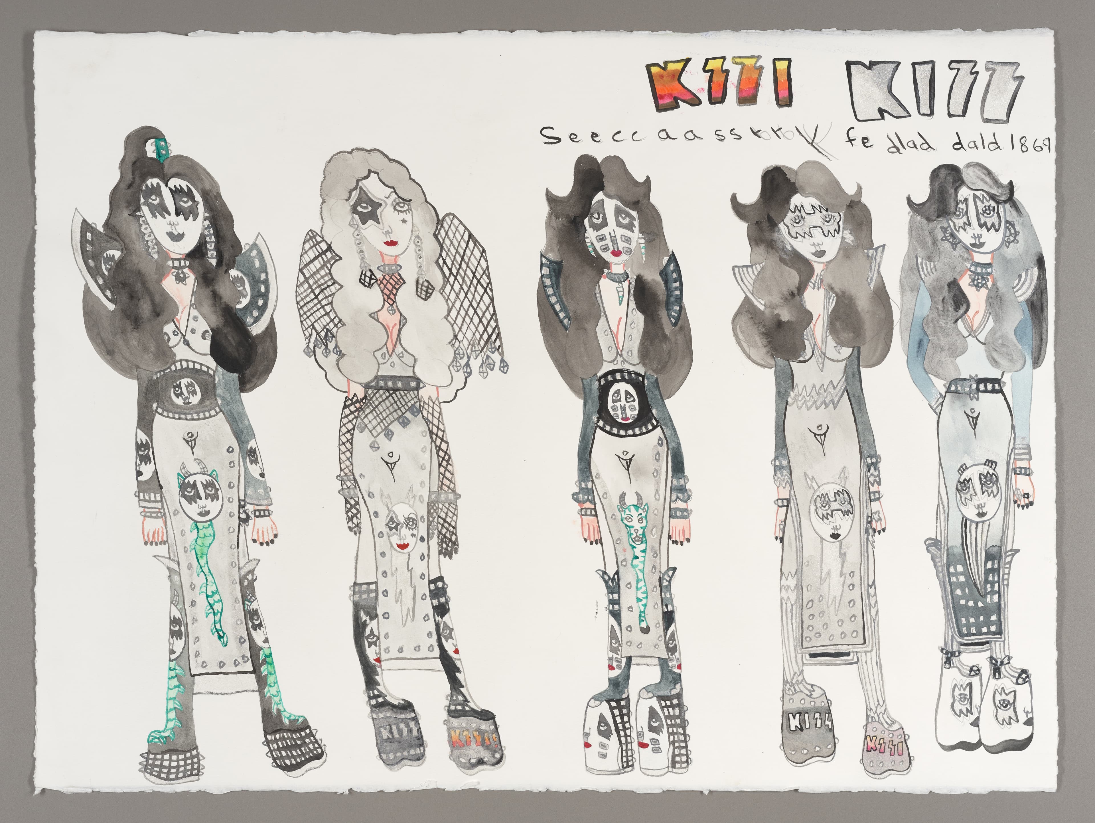 Drawing of five rock band members in elaborate costumes with face paint, graphite, ink and watercolor on paper
