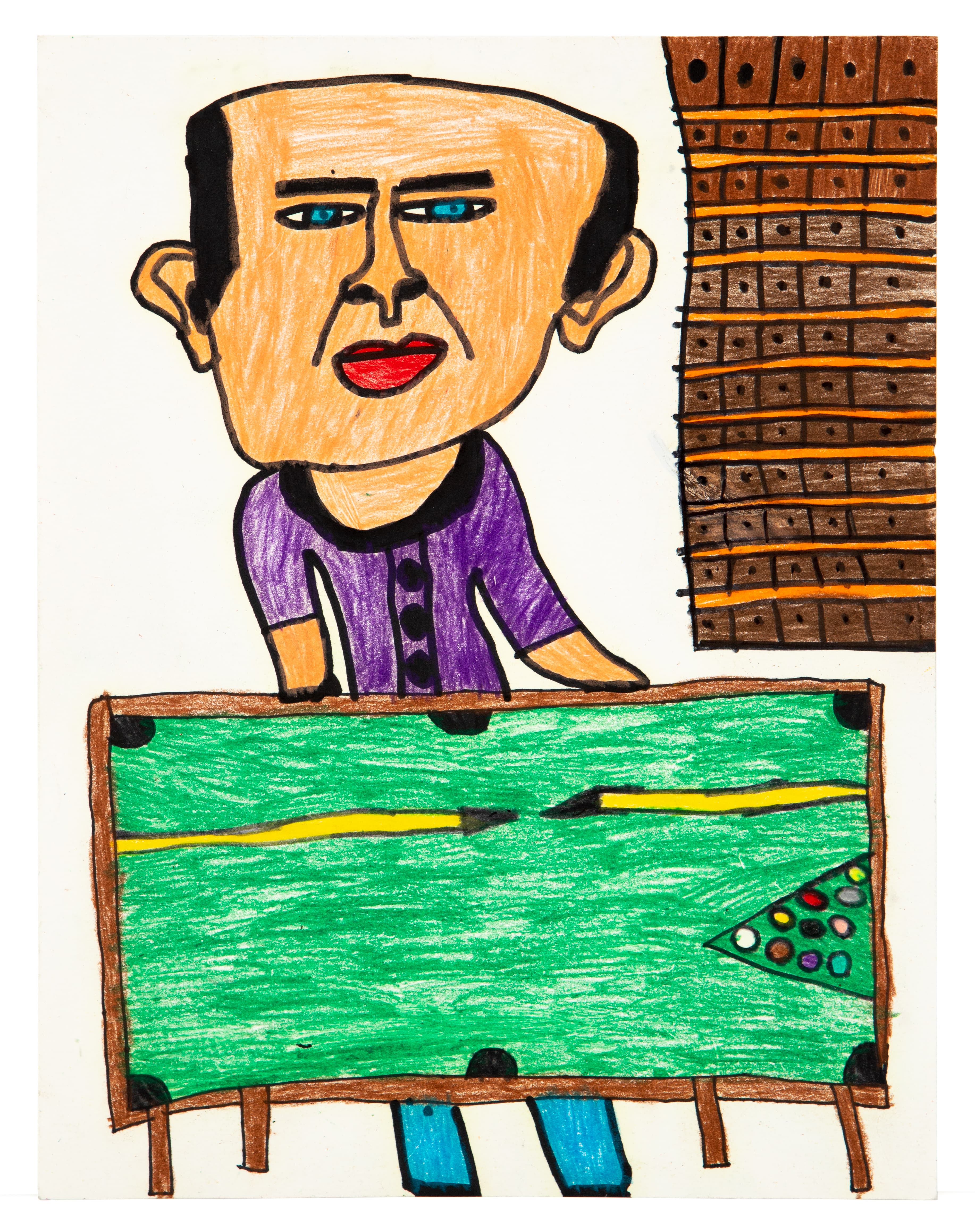 Drawing of a figure playing pool at a green table, colored pencil and ink on paper