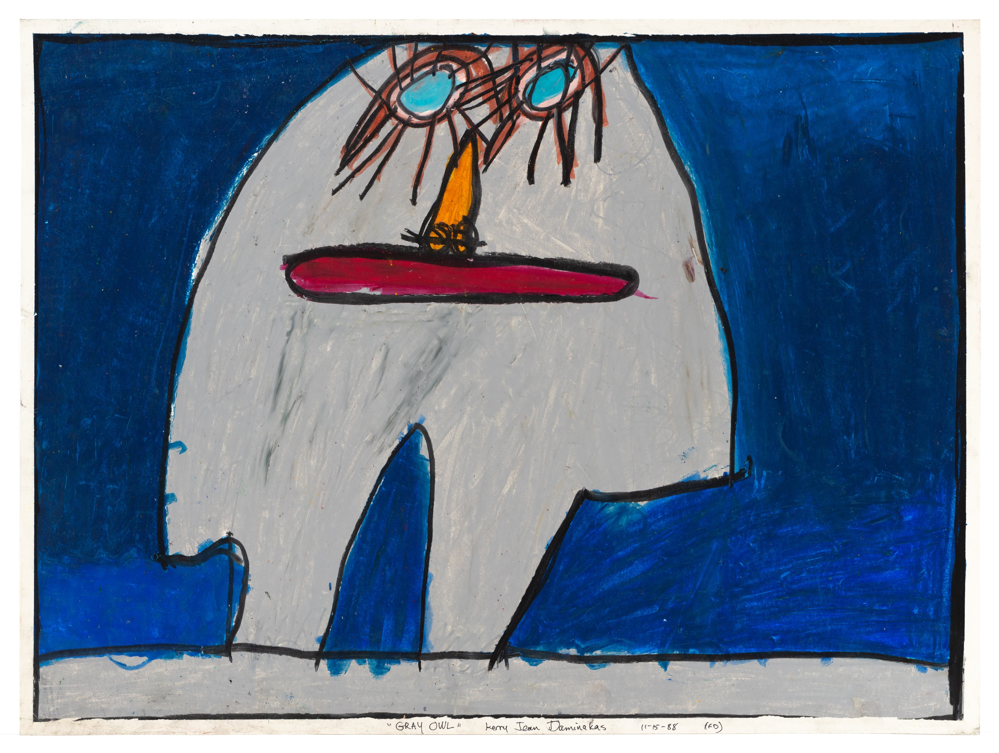 Drawing of a large gray owl figure with blue eyes and red mouth against a blue background, pastel on paper
