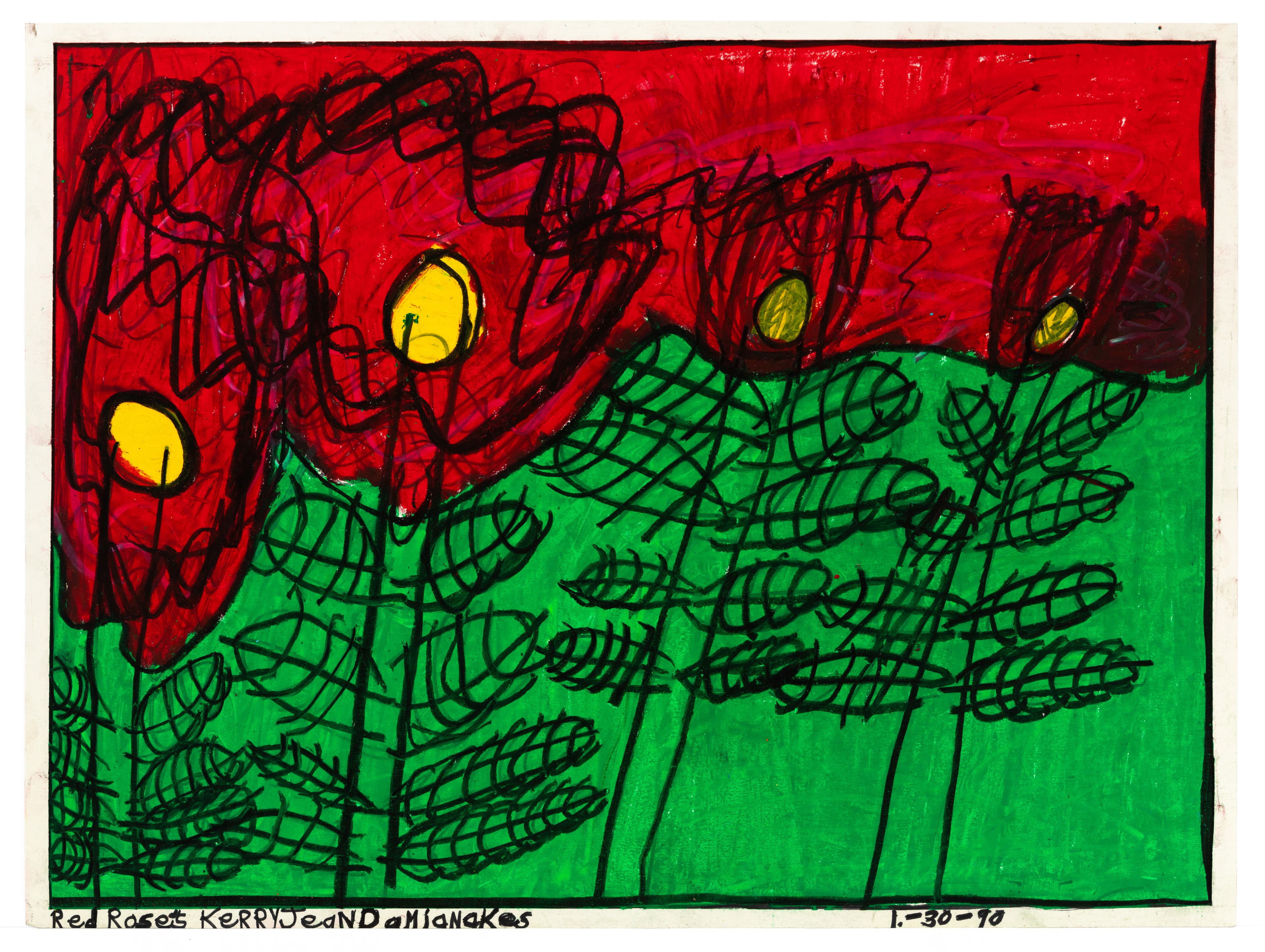 Drawing with red sky, green ground, black scribbled trees, and yellow circular shapes, done in pastel on paper