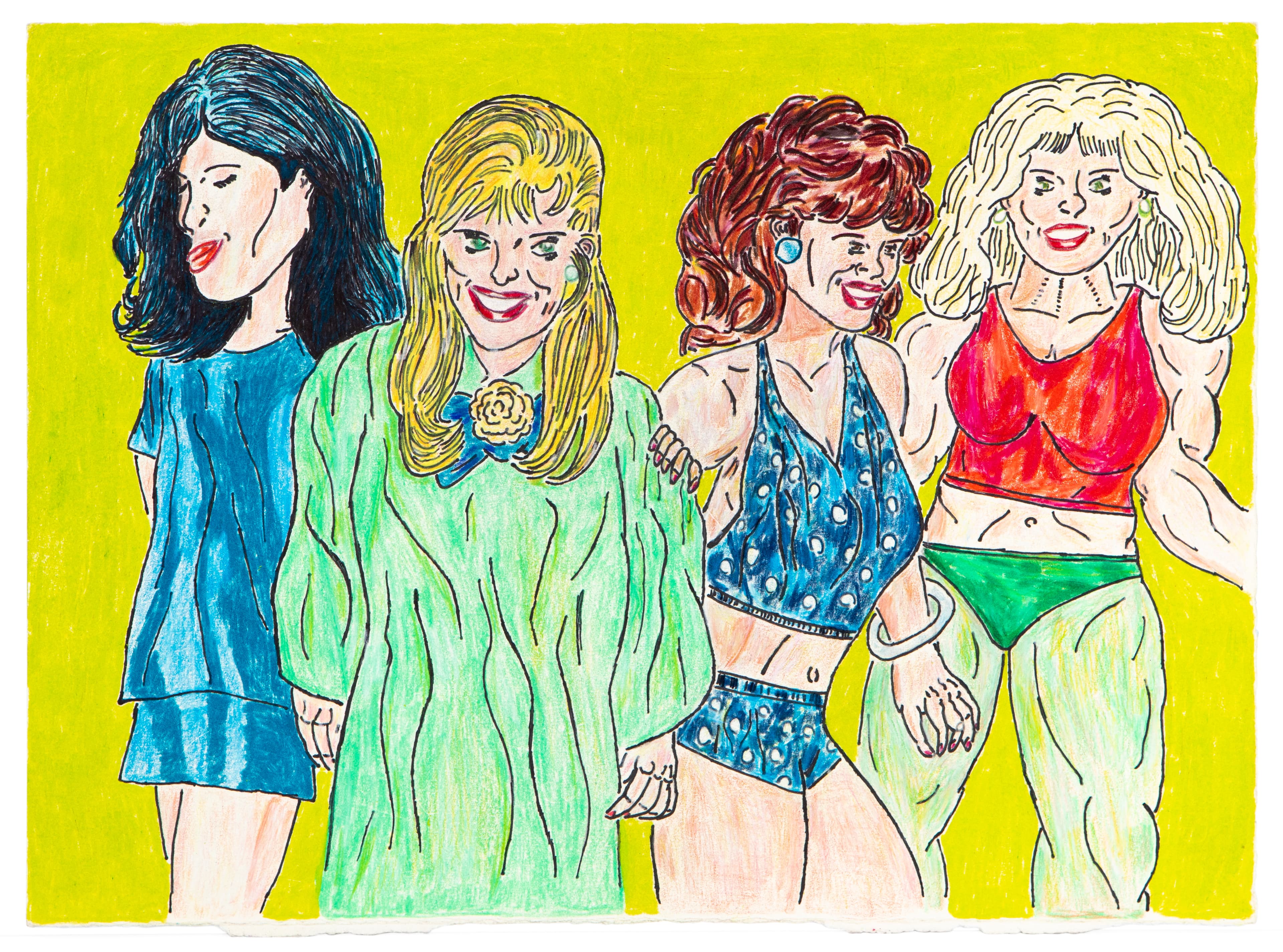 Drawing of four figures in colorful clothing on yellow background, marker and colored pencil on paper
