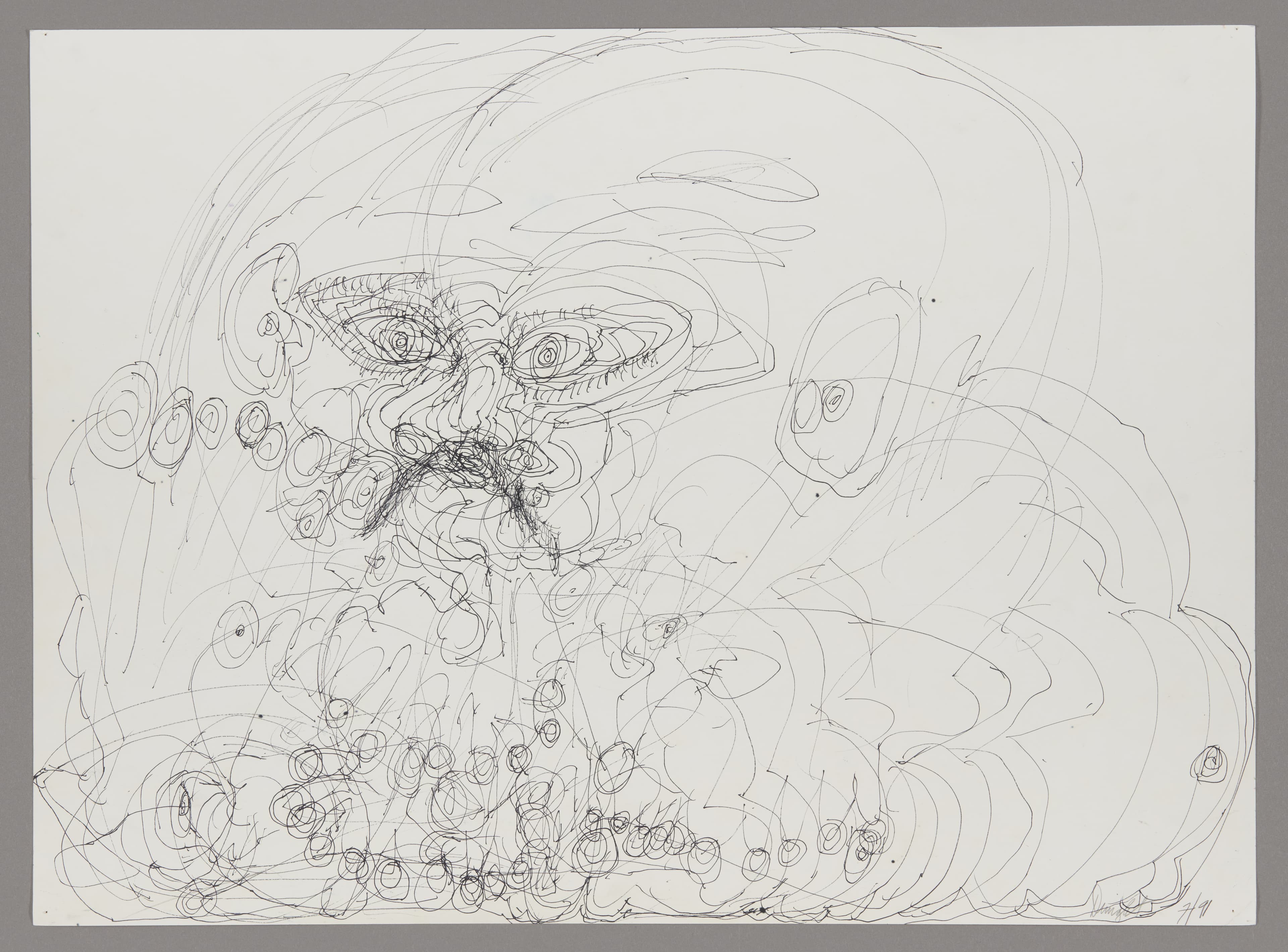 Ink drawing on paper showing an expressive face with flowing hair and organic forms in black line work