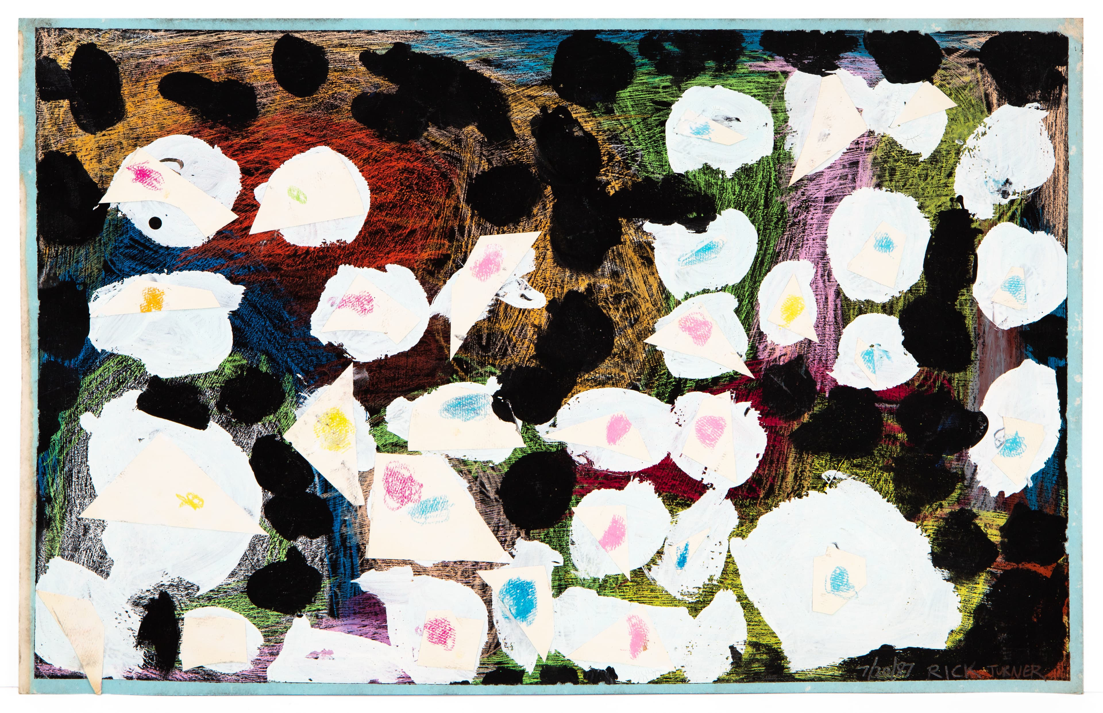 Abstract painting with white circular forms and black shapes on colorful background, mixed media on paper