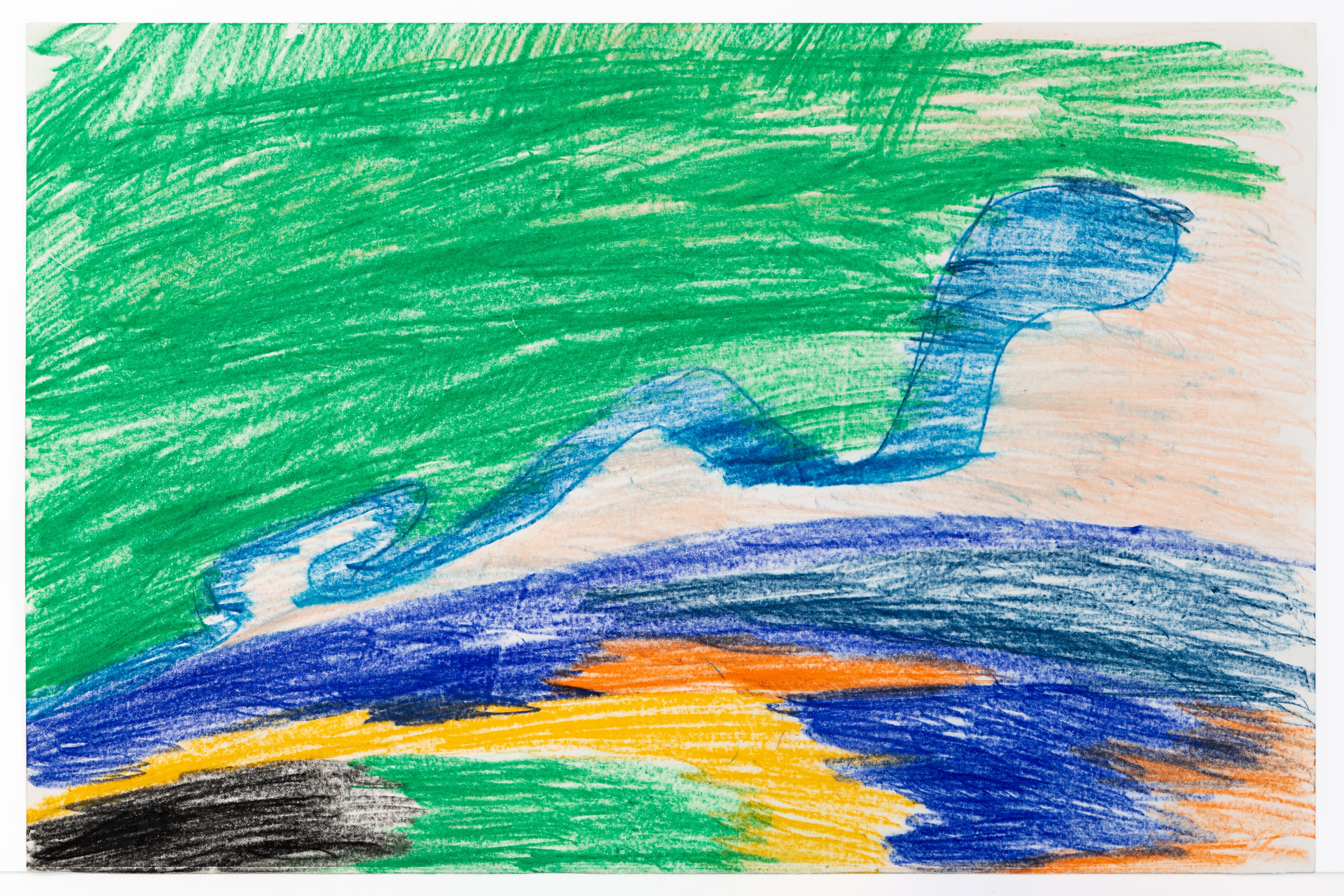 Abstract drawing with bold colored pencil strokes in green, blue, yellow, orange, and black on white paper
