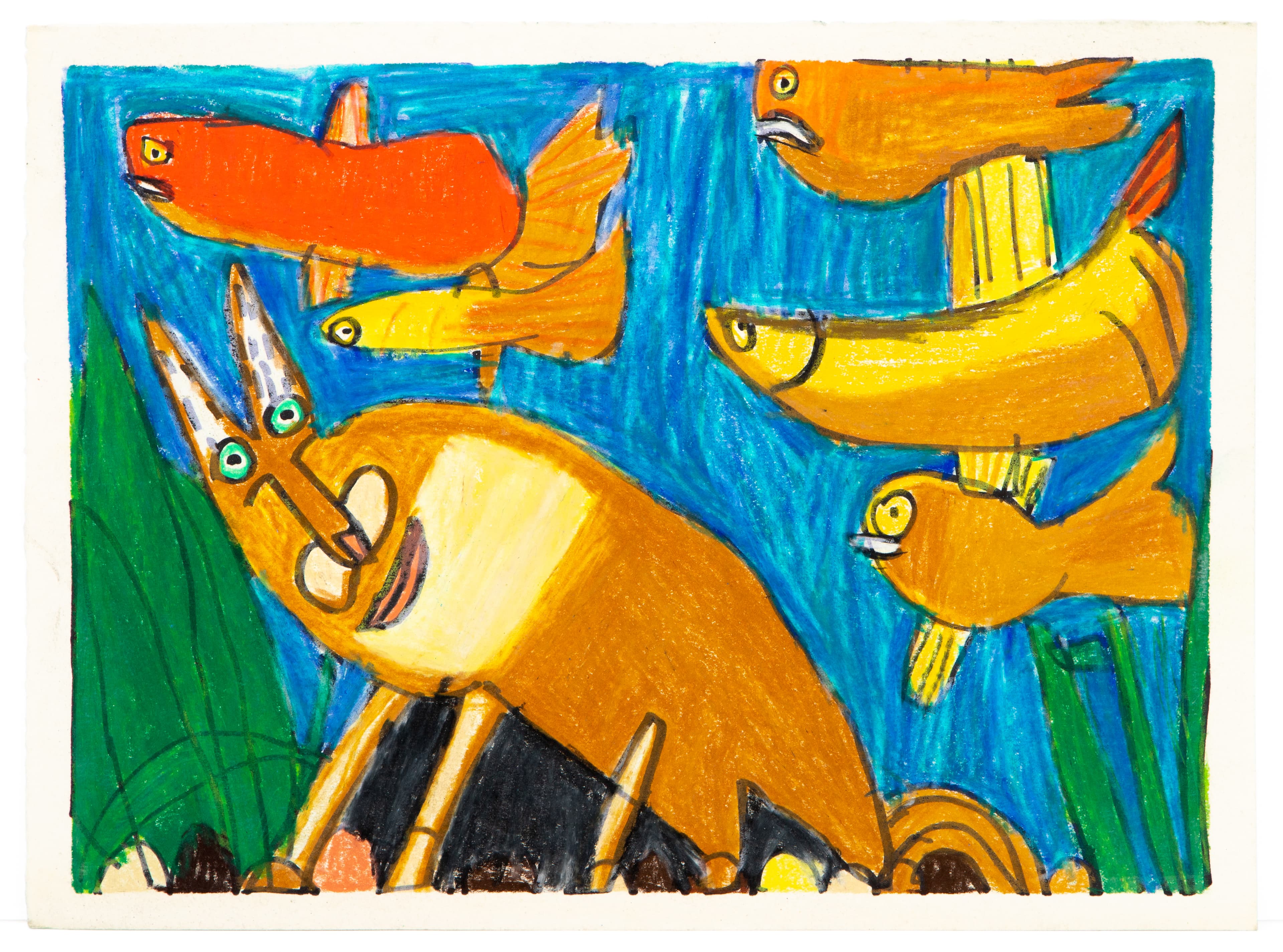Mixed media drawing of orange animals and fish floating in blue water with green areas, ink and pastel on paper