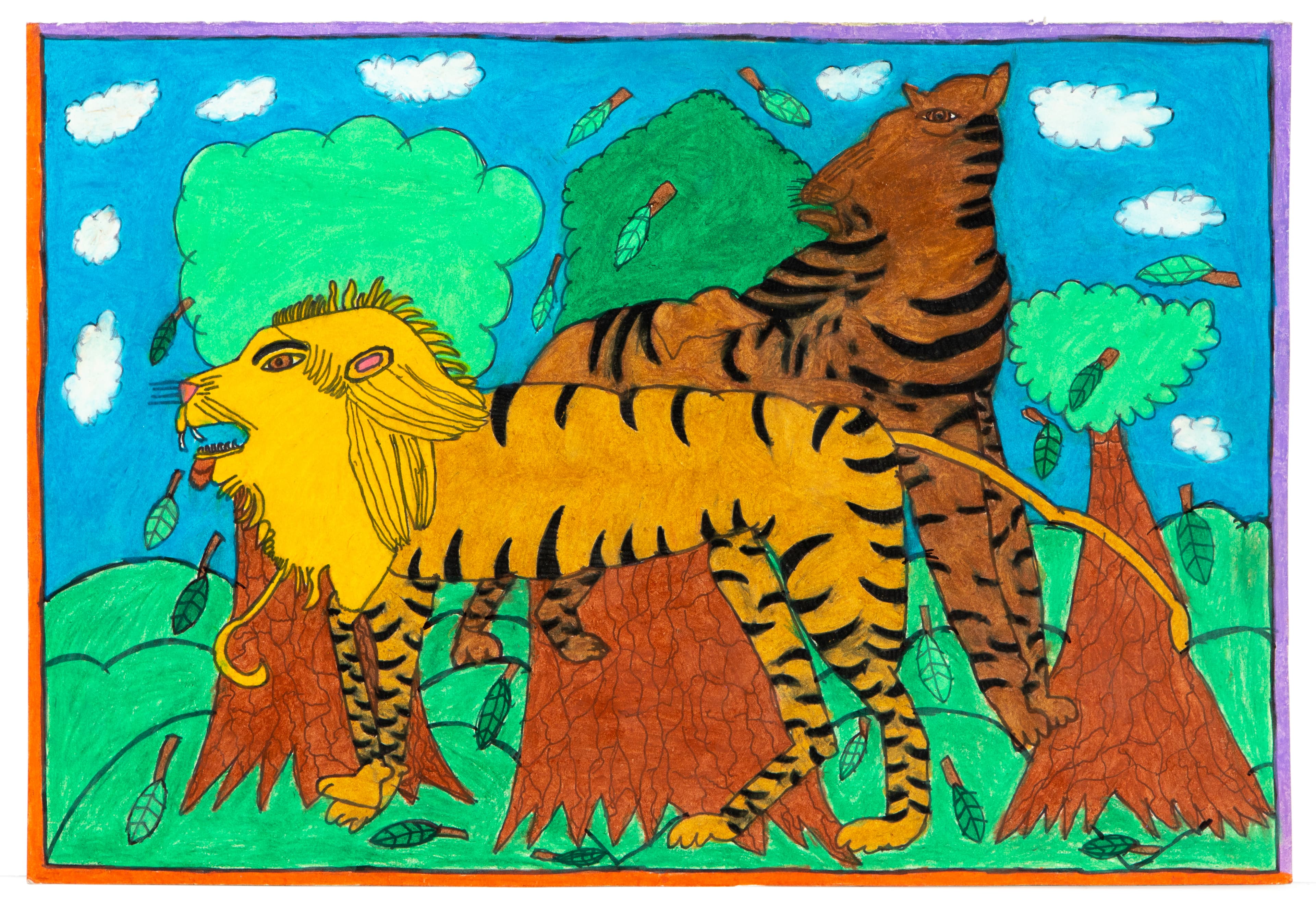 Colorful drawing of a tiger with yellow mane in landscape with trees, ink and pastel on paper