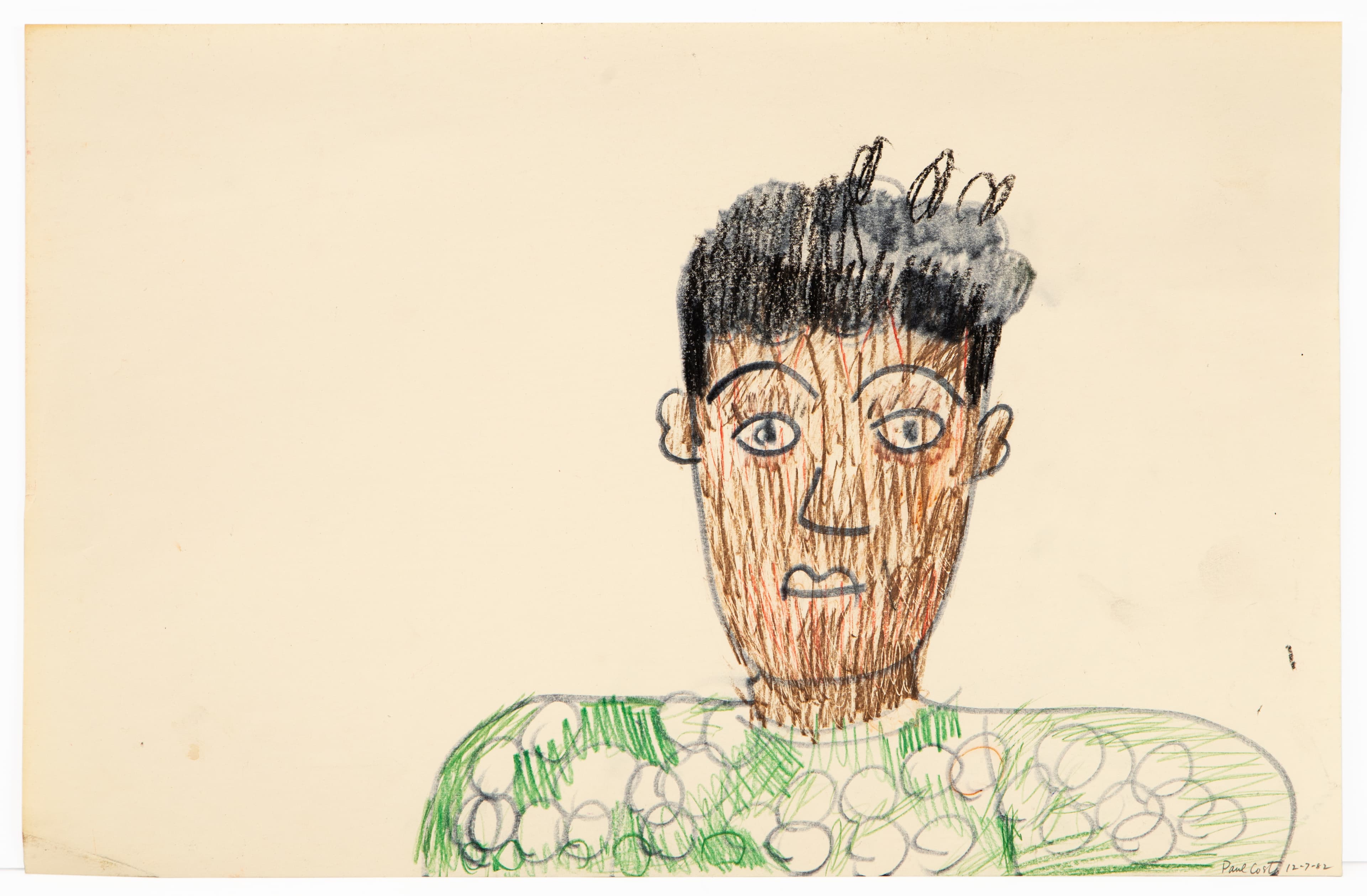 Drawing of a figure with dark hair and blue eyes wearing a green patterned shirt, mixed media on paper