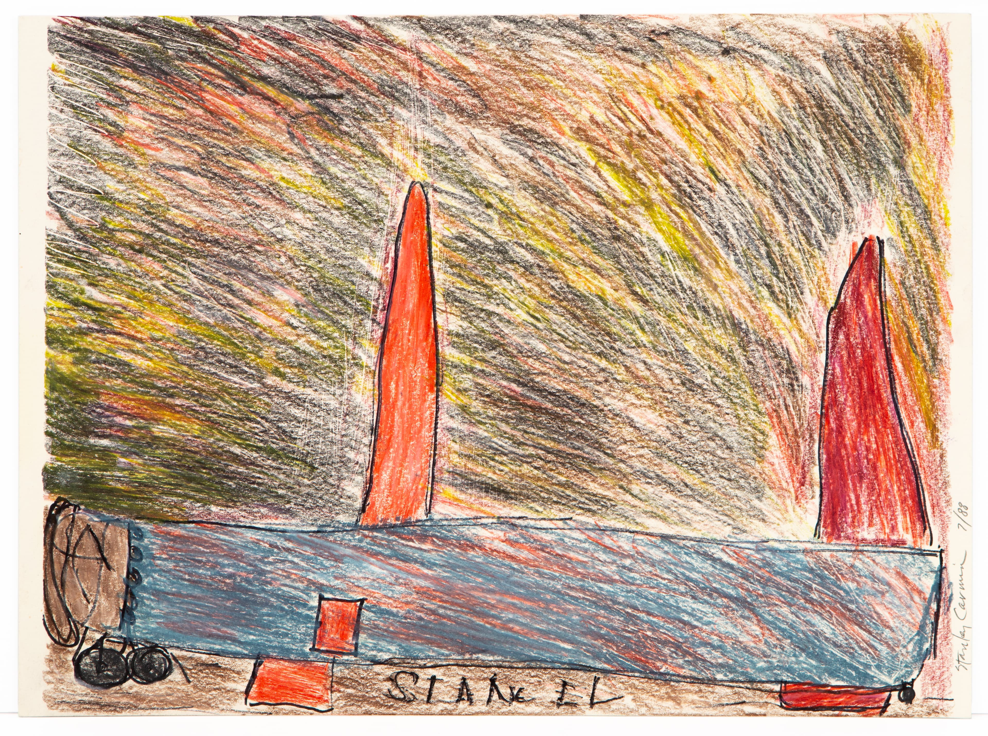 Colored pencil drawing of a boat with two red sails on water, signed 'STANLEY'