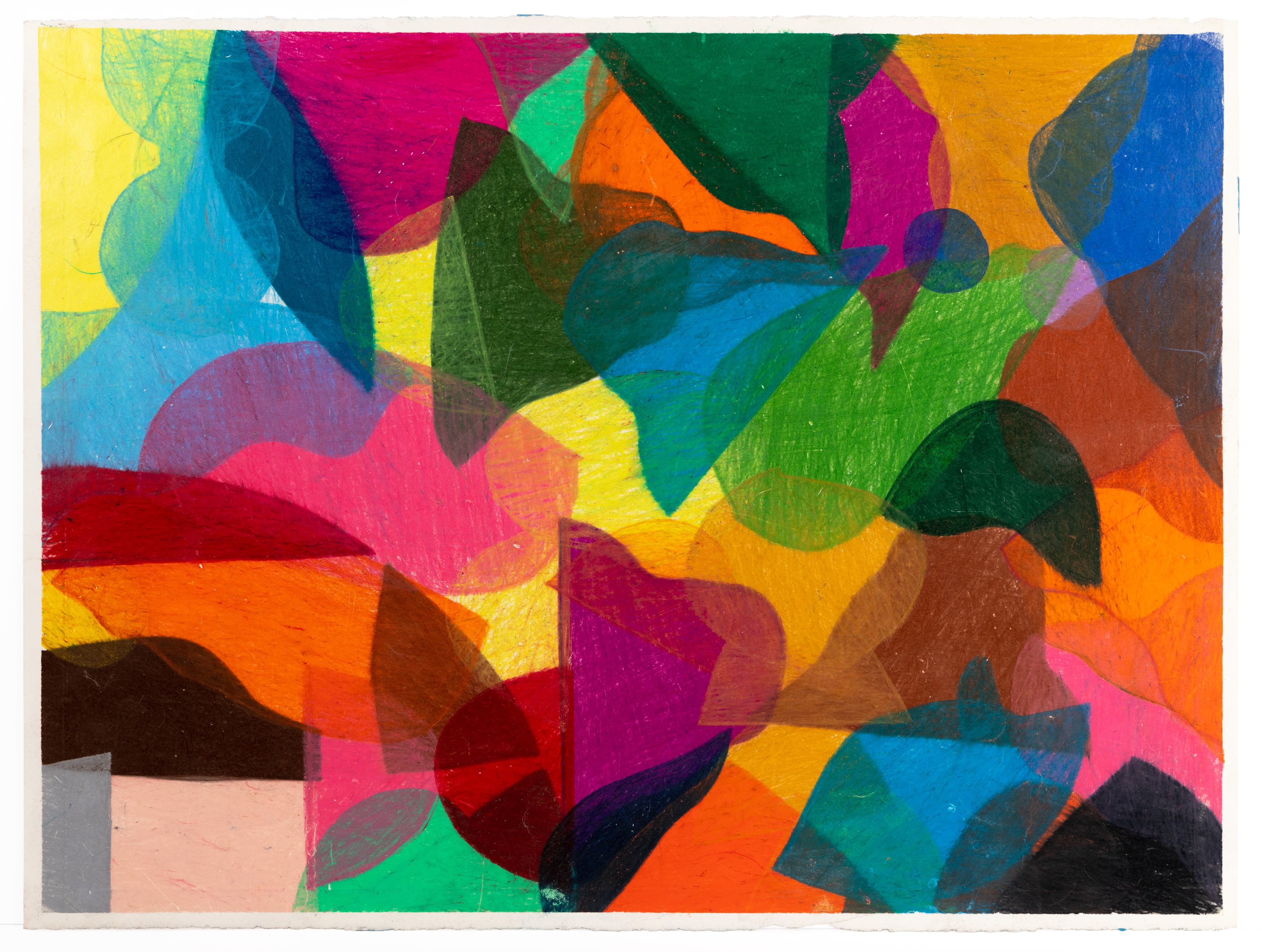 Abstract painting with overlapping curved and angular shapes in vibrant colors including pink, blue, orange, and green