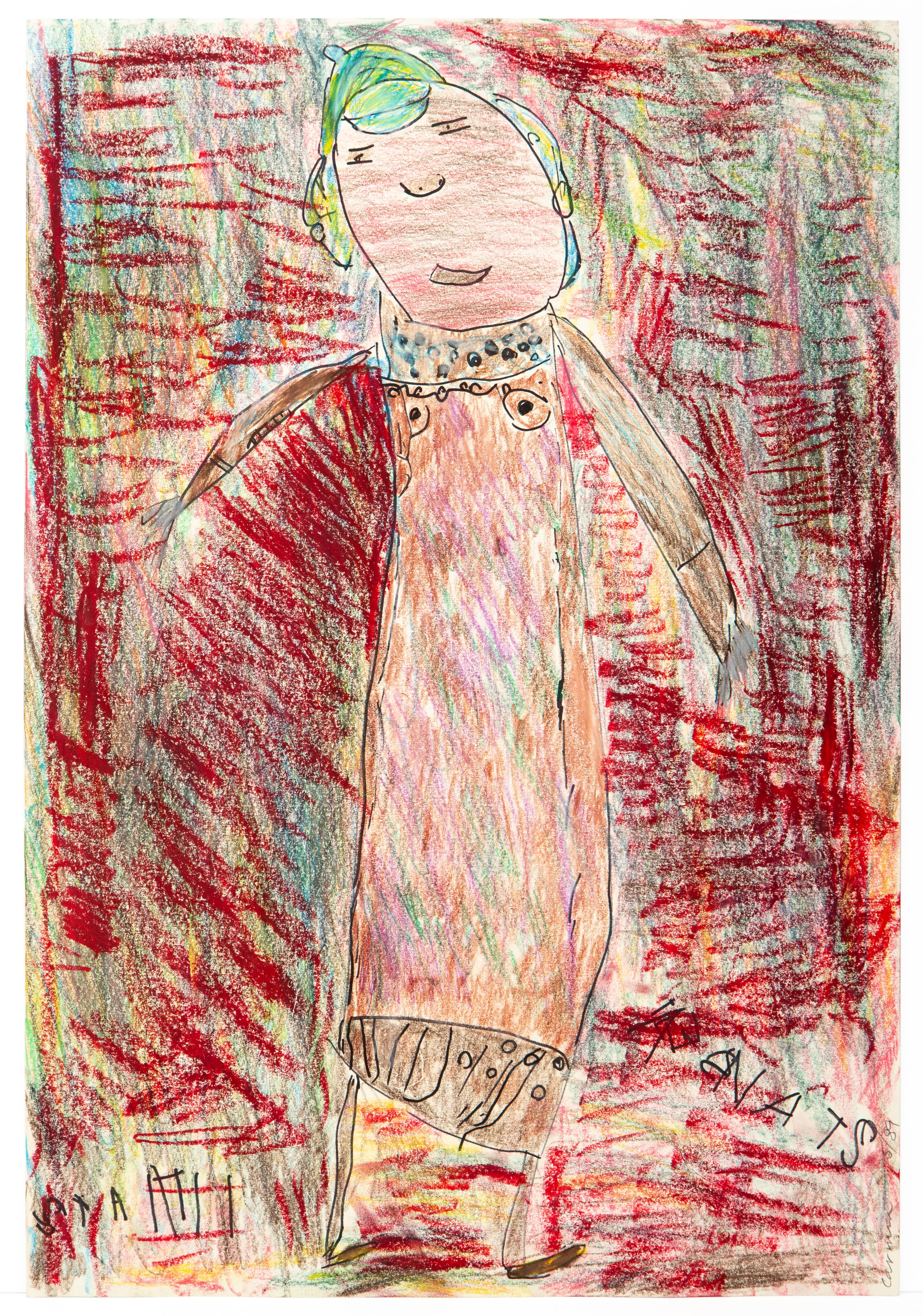 Colored pencil and ink drawing of a figure with green hair wearing a pink dress and patterned collar