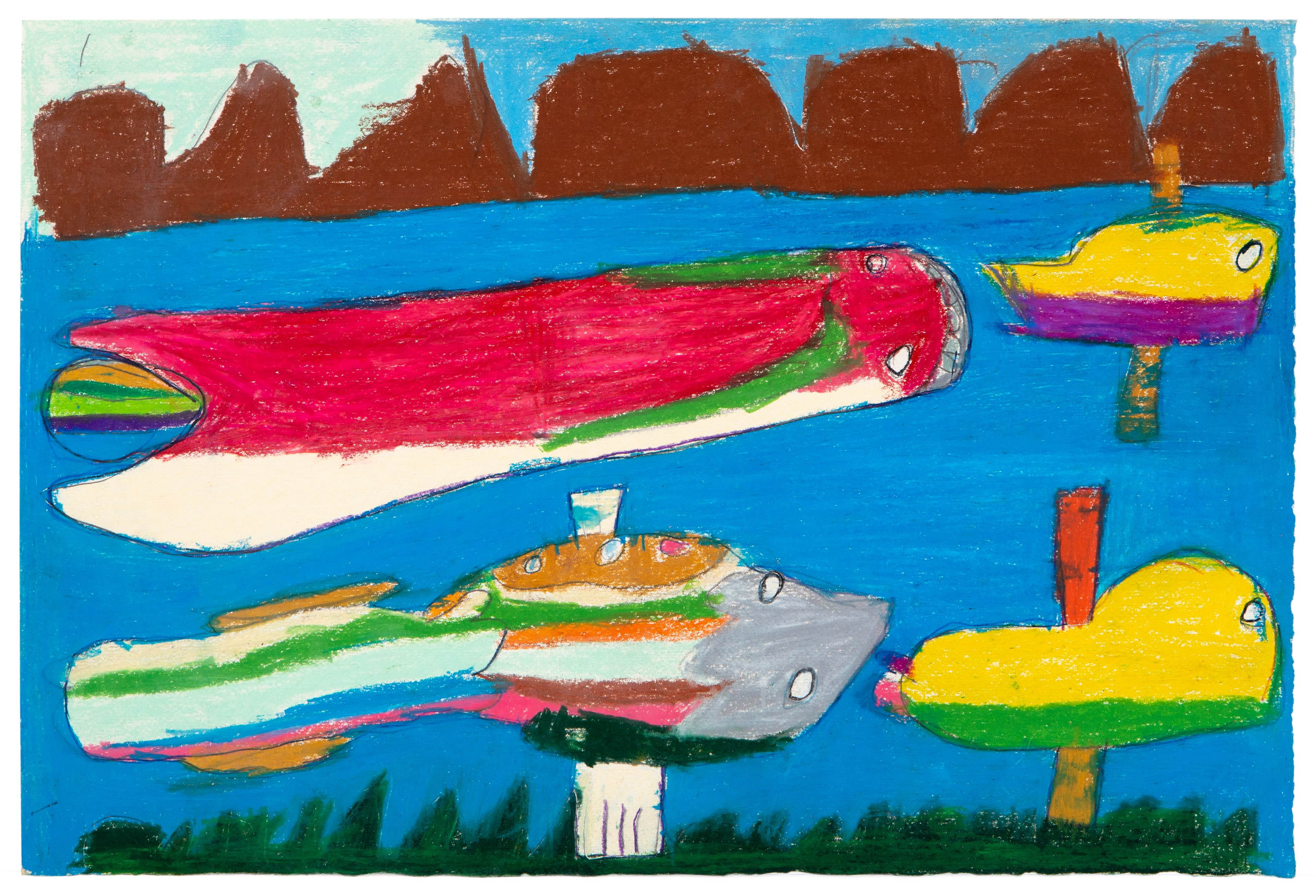 Colored pencil drawing of boats and submarines on blue water with brown mountains in background