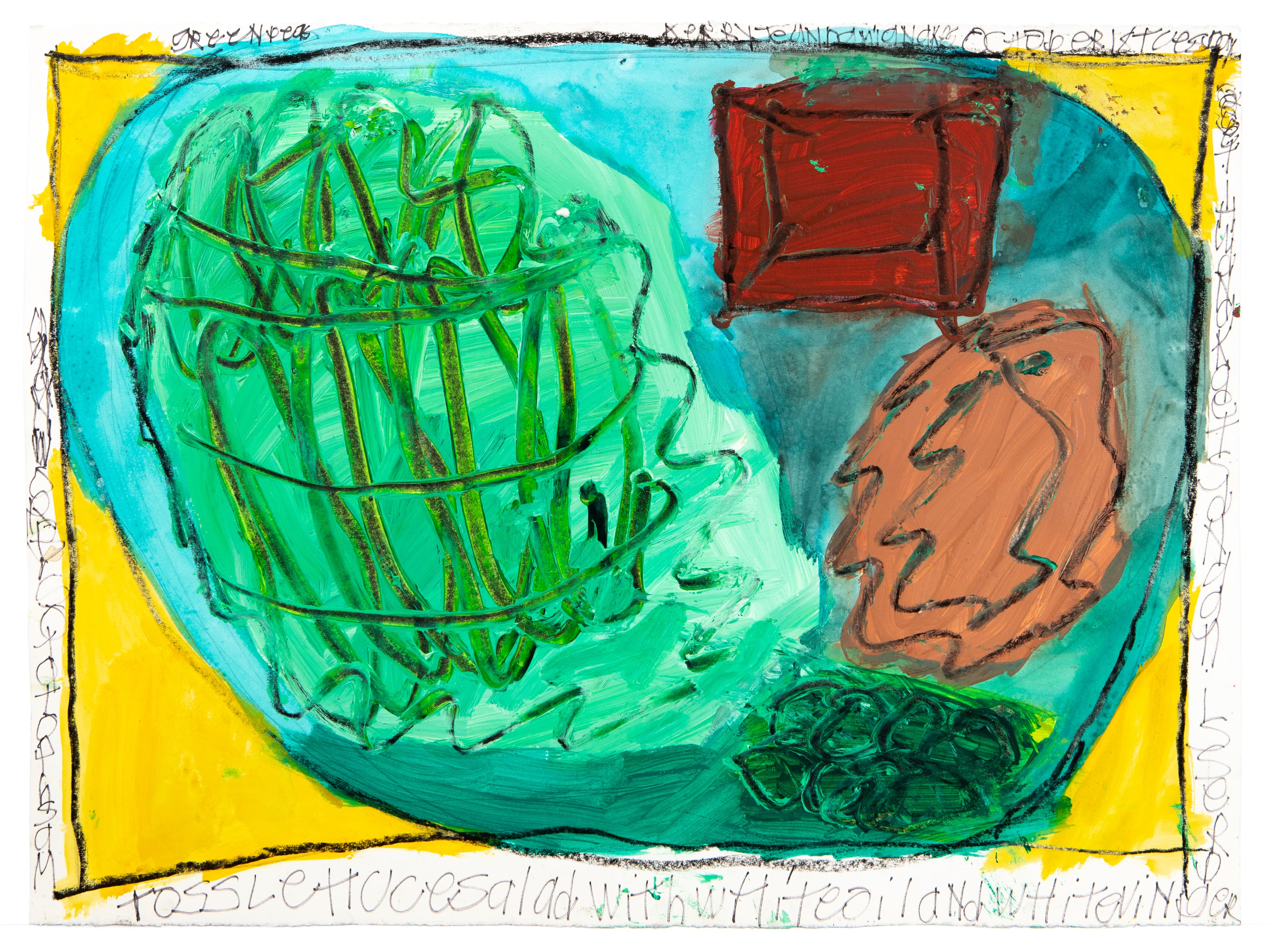 Mixed media drawing of a large blue-green plate with food items including lettuce, steak, and vegetables on yellow background