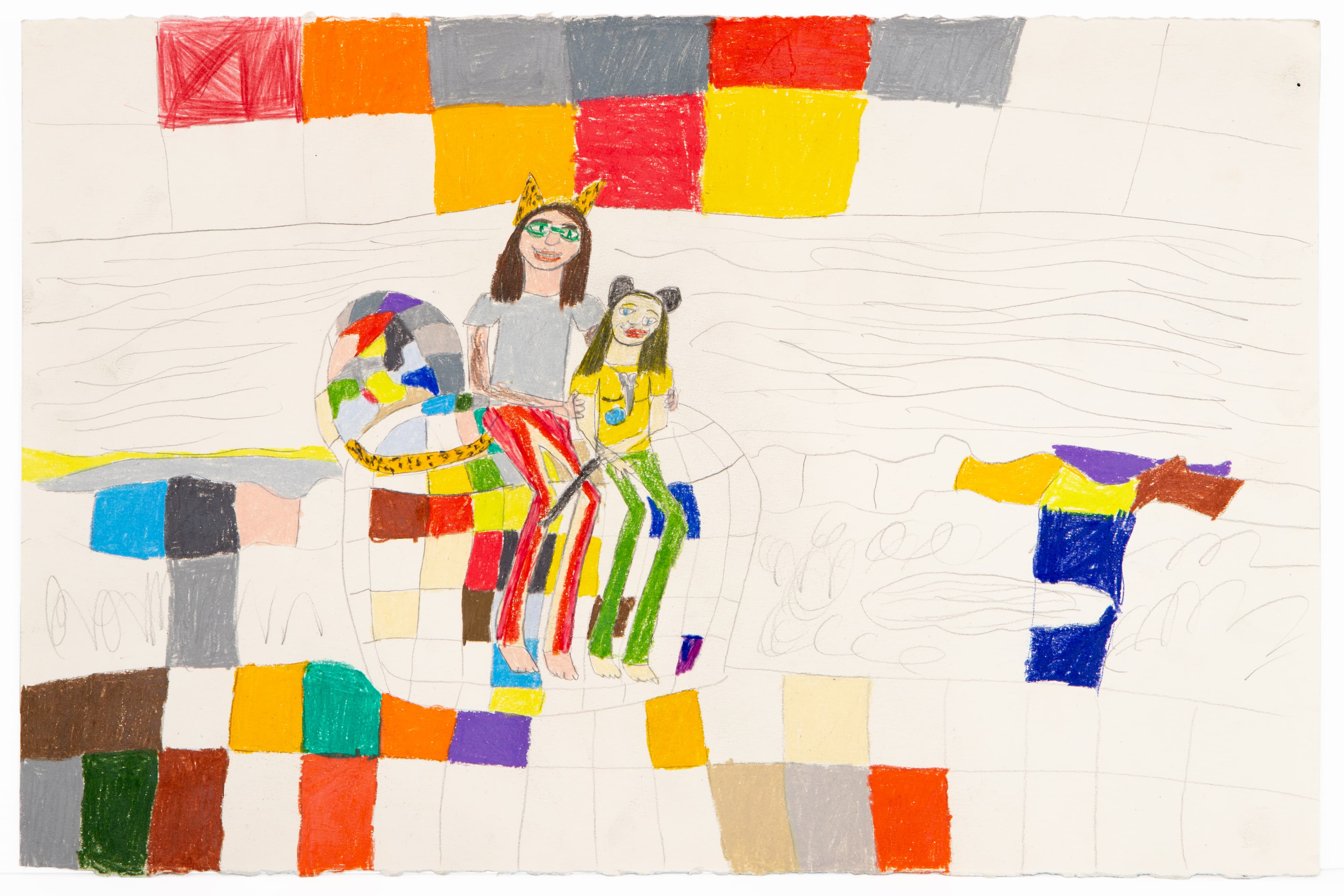 Drawing of two figures sitting on colorful geometric shapes, colored pencil on paper