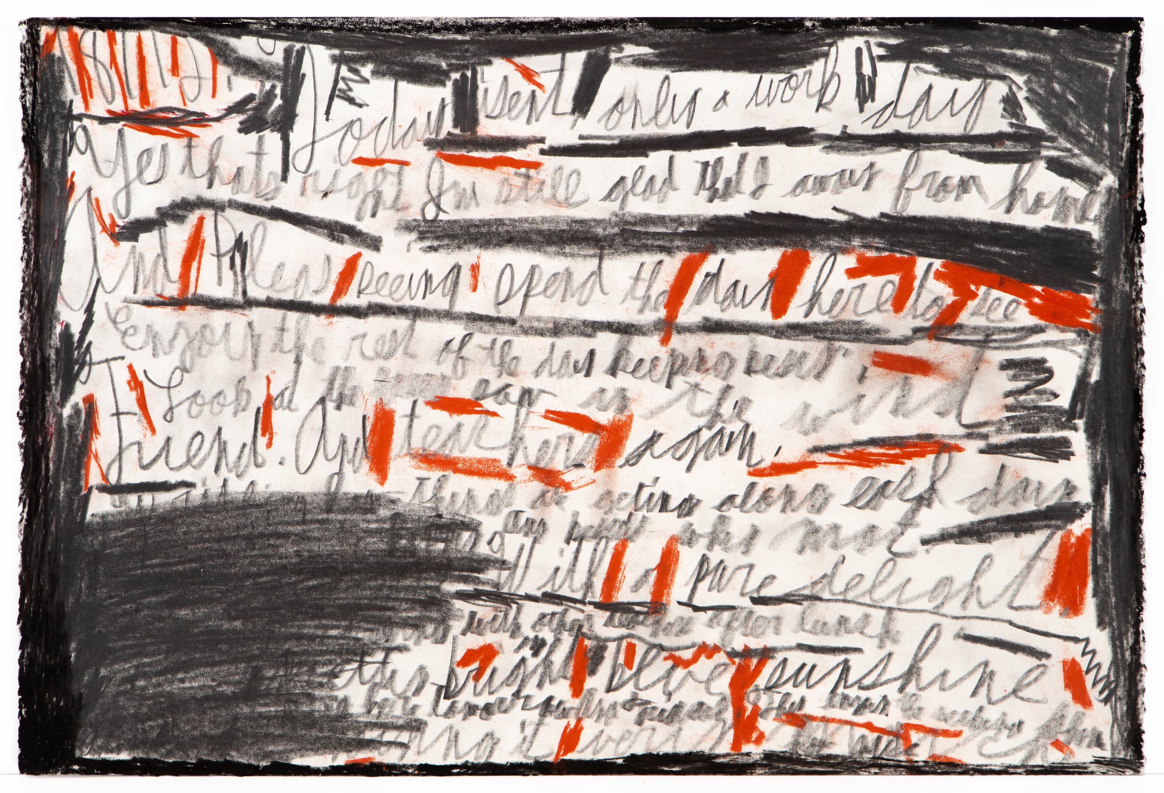 Mixed media drawing with handwritten text in black ink and orange marker on white paper