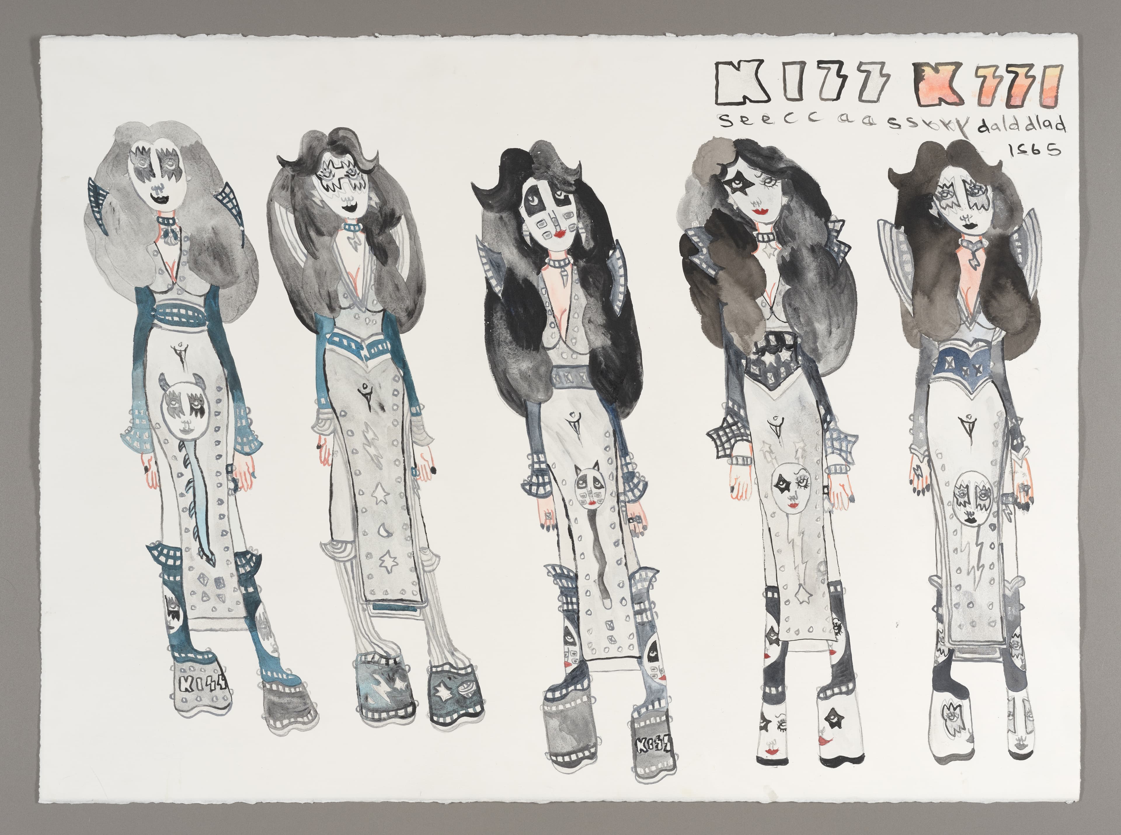Drawing of five standing figures with long hair and platform boots in graphite, ink and watercolor on paper