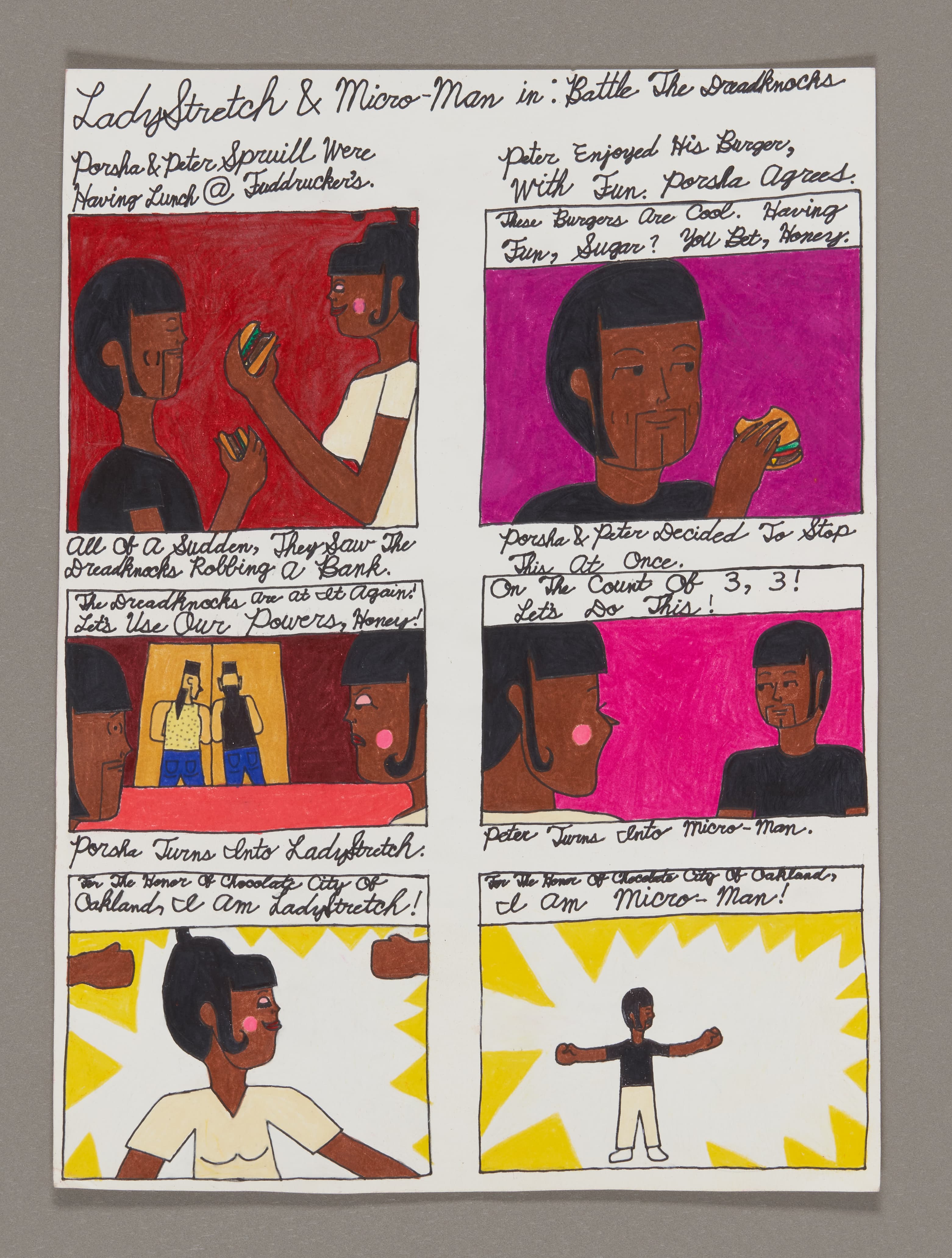 Comic strip with 6 panels showing superhero characters in colorful scenes, drawn with markers and colored pencil