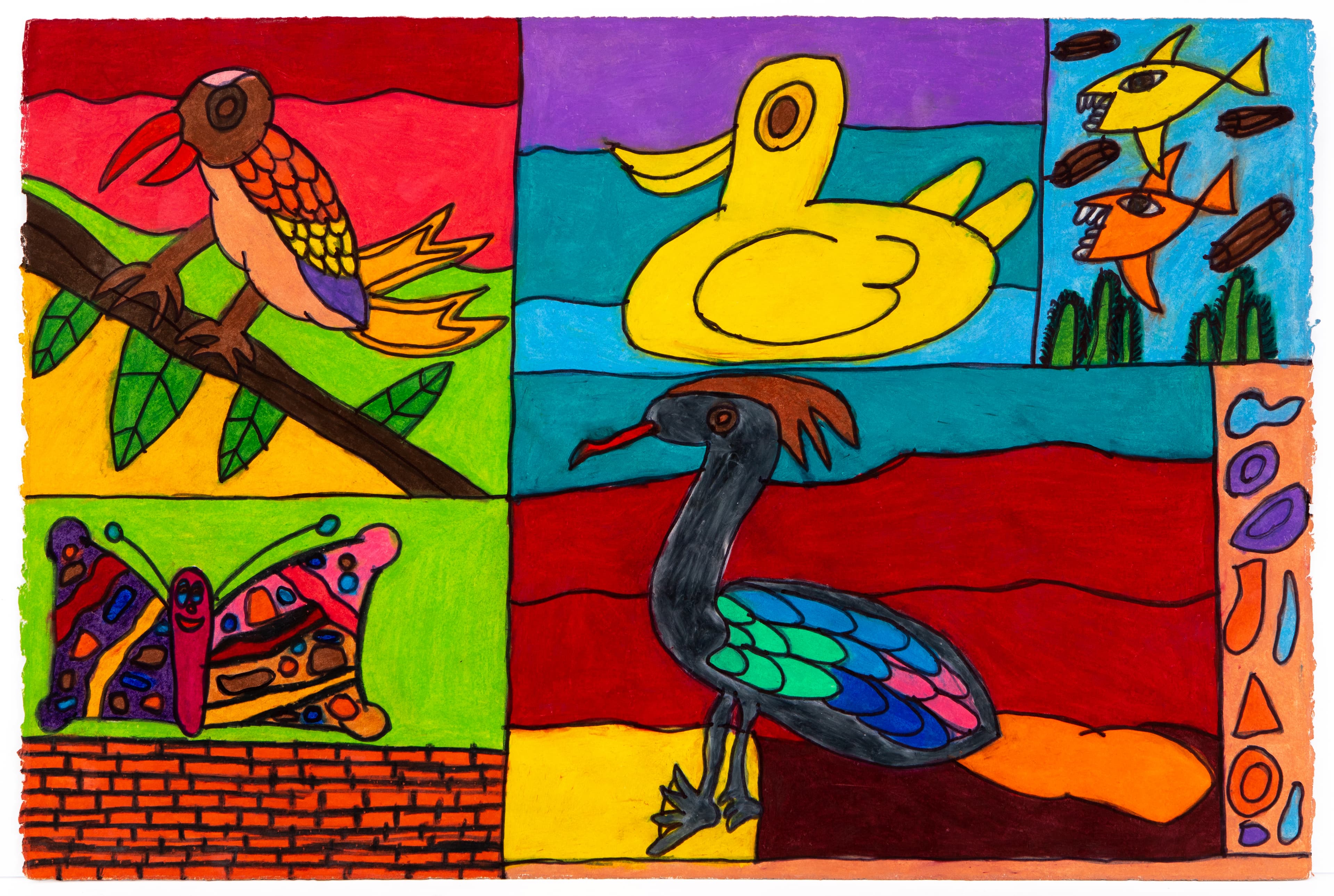 Colorful drawing divided into panels showing various birds including owl, duck, and crane in bright pastels and ink