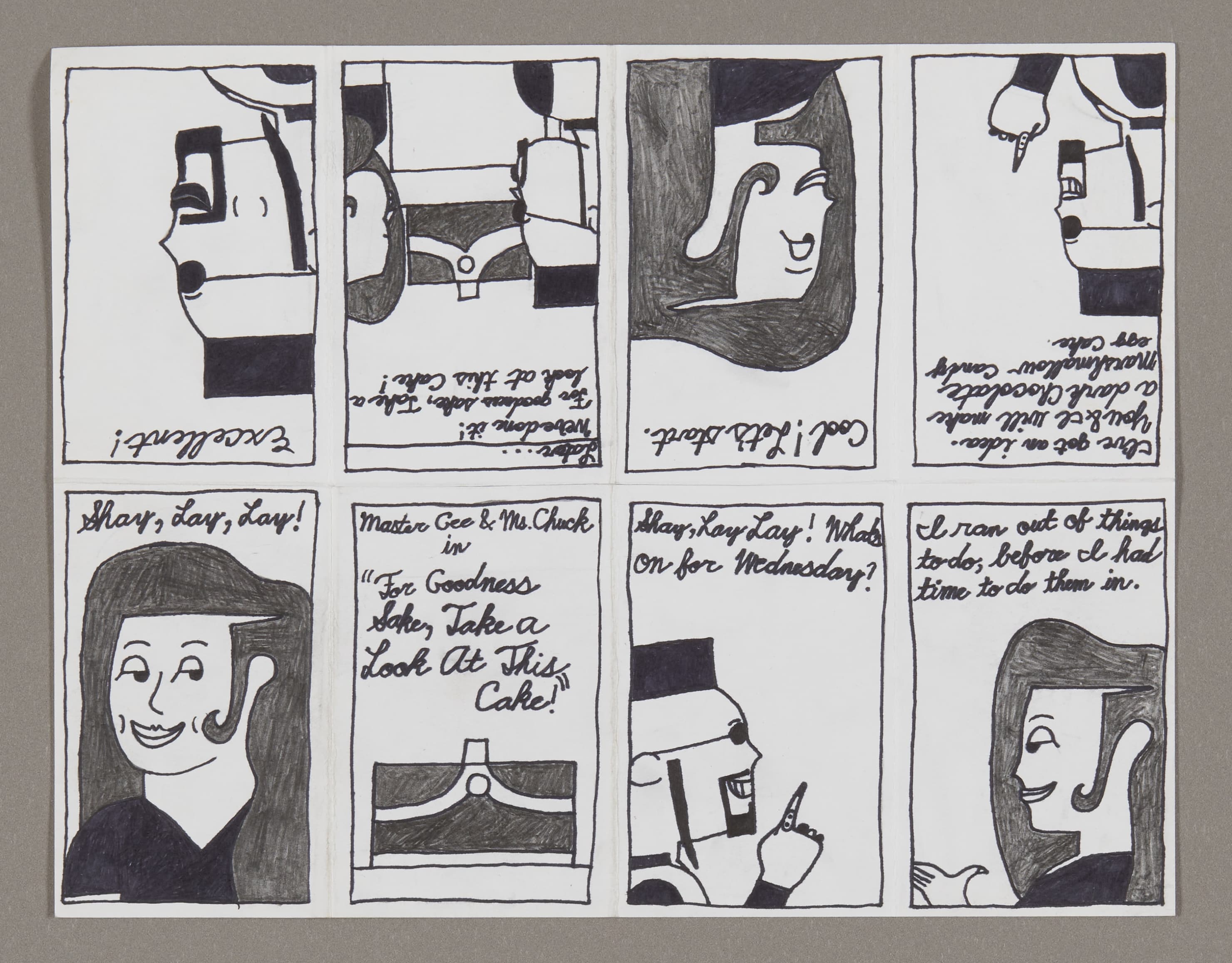 Comic strip with 8 panels in black ink on white paper, featuring characters with speech bubbles and dialogue