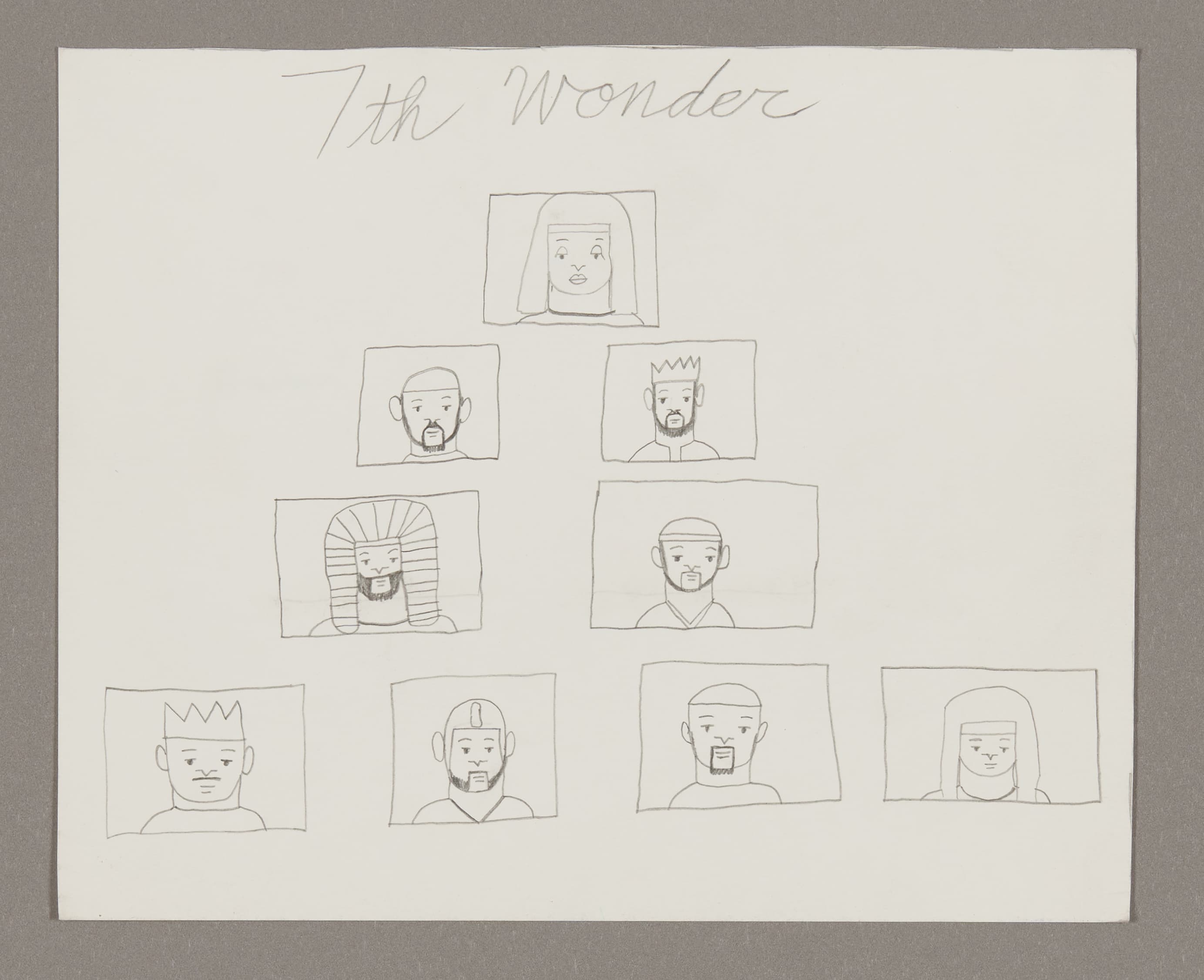 Pencil drawing titled '7th Wonder' showing nine portrait sketches arranged in rows on white paper