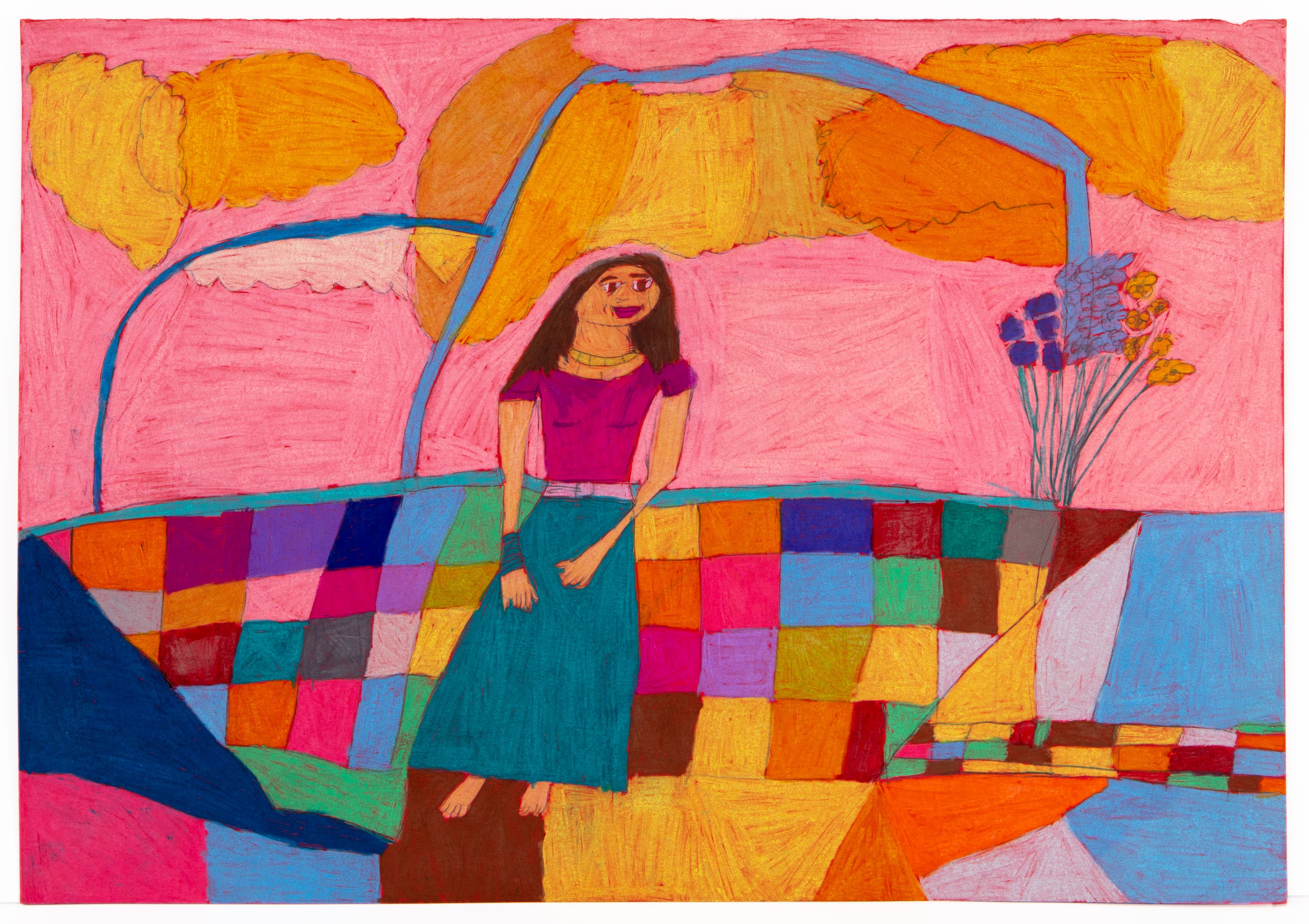 Colored pencil drawing of a figure in purple top and teal skirt standing on colorful checkered floor with pink sky
