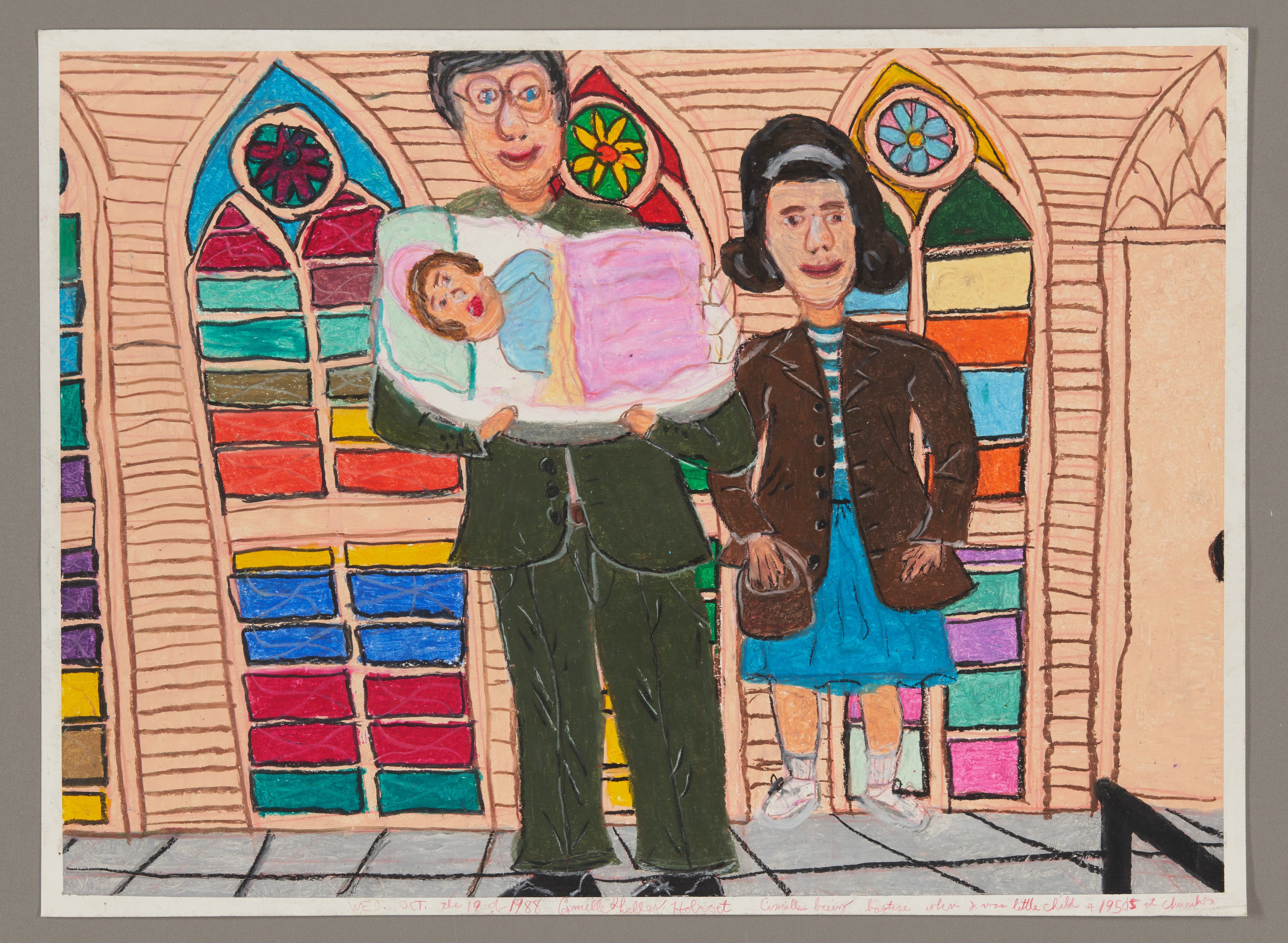Oil pastel drawing of baptism scene with priest holding baby and figure in blue dress inside colorful church
