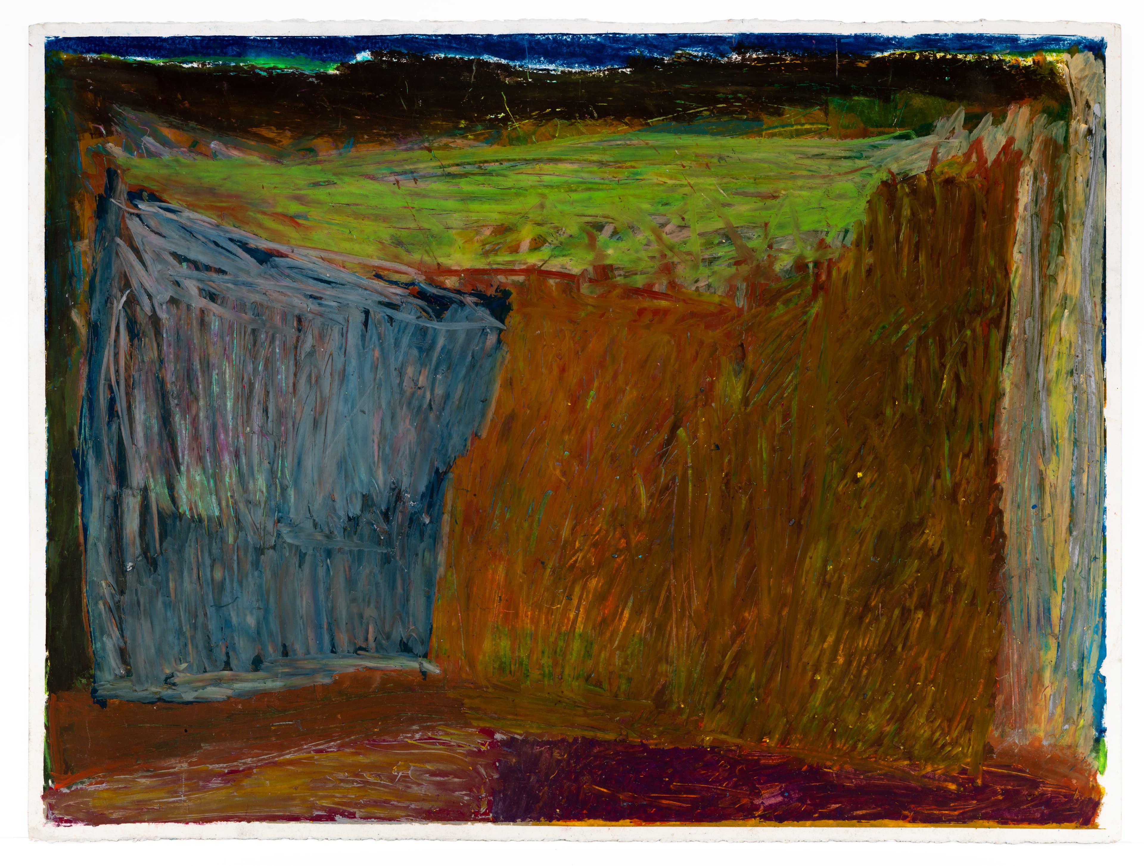 Abstract painting with gestural brushstrokes in blues, greens, oranges, and purples creating a landscape-like composition