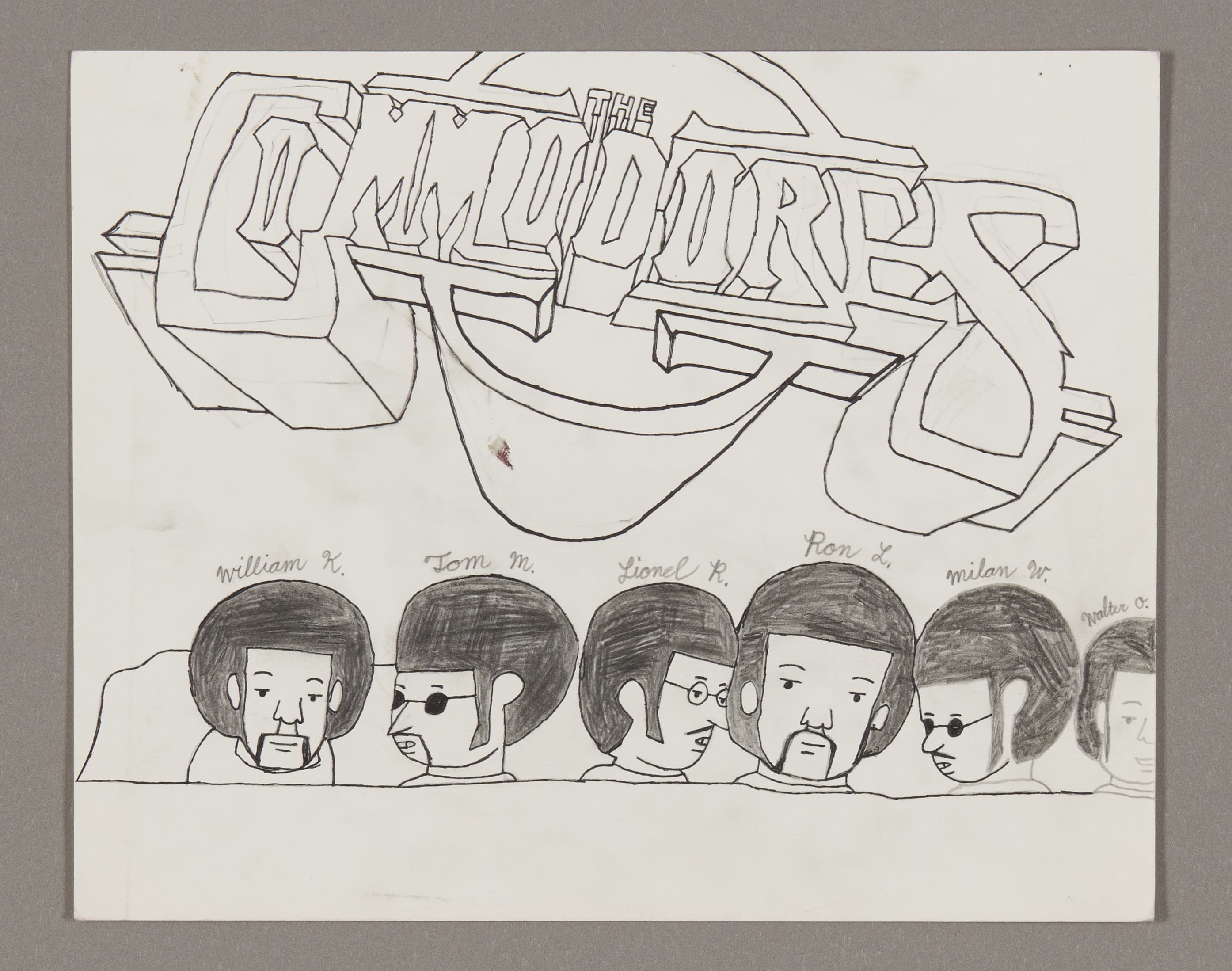Graphite drawing of The Commodores band logo and six portrait heads with names below on white paper