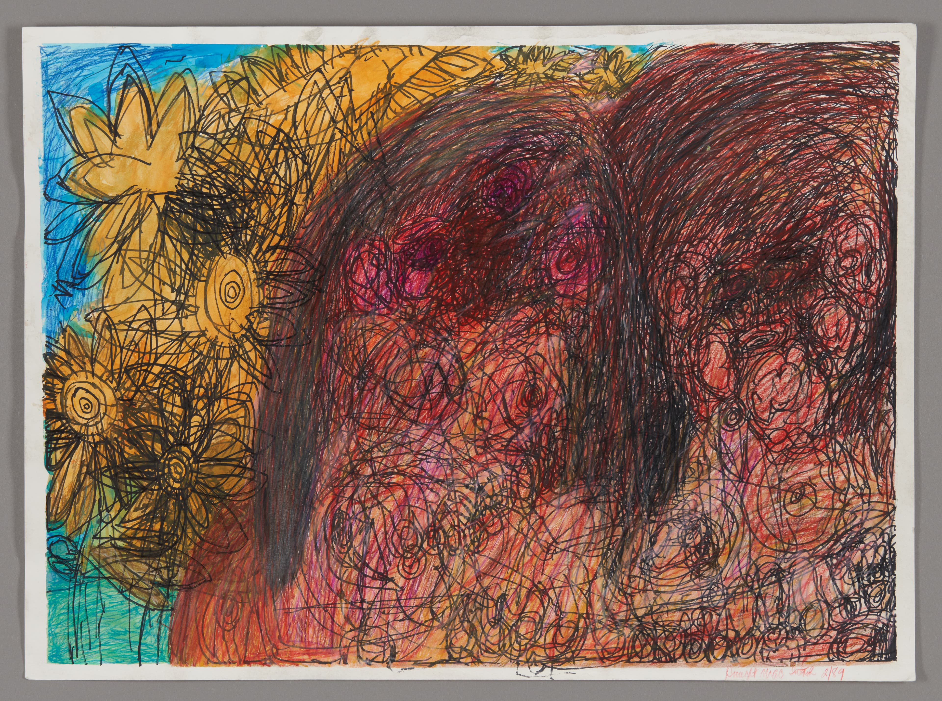 Mixed media drawing with large dark mass on right, yellow sunflowers on left, and blue background