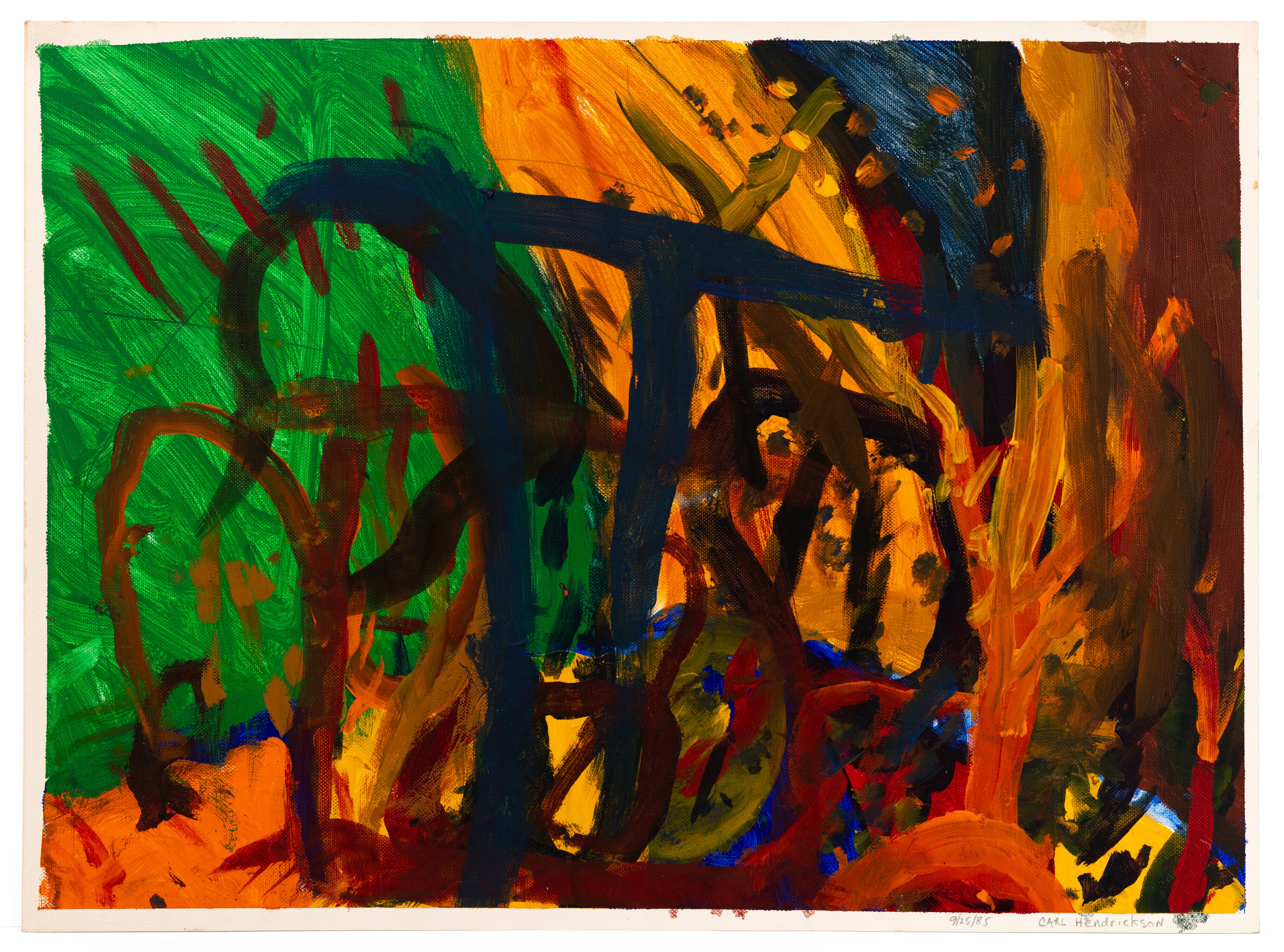 Abstract painting with bold brushstrokes in green, orange, blue, and red paint creating dynamic overlapping forms