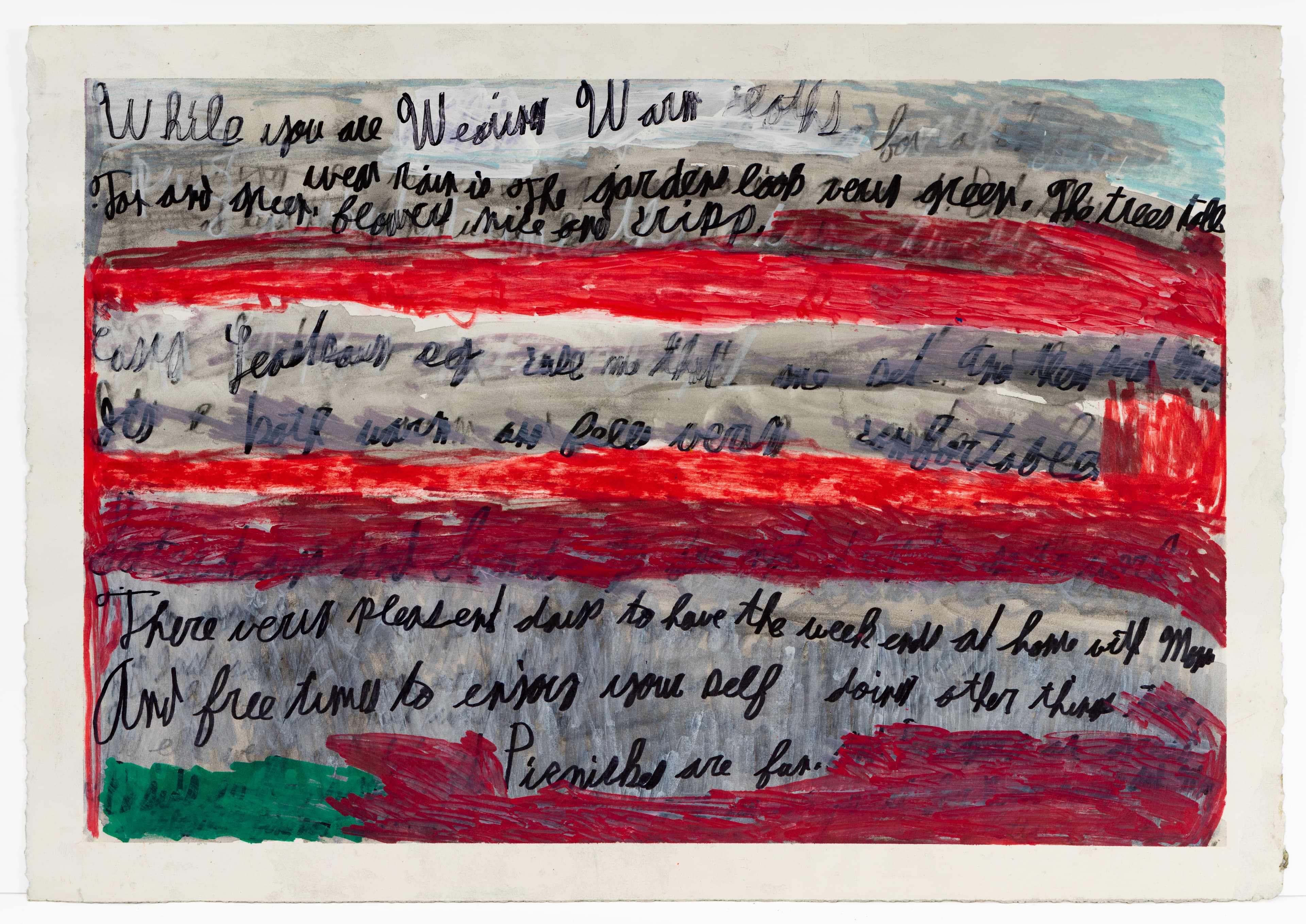 Mixed media drawing with red and white horizontal stripes resembling American flag, with handwritten text overlay