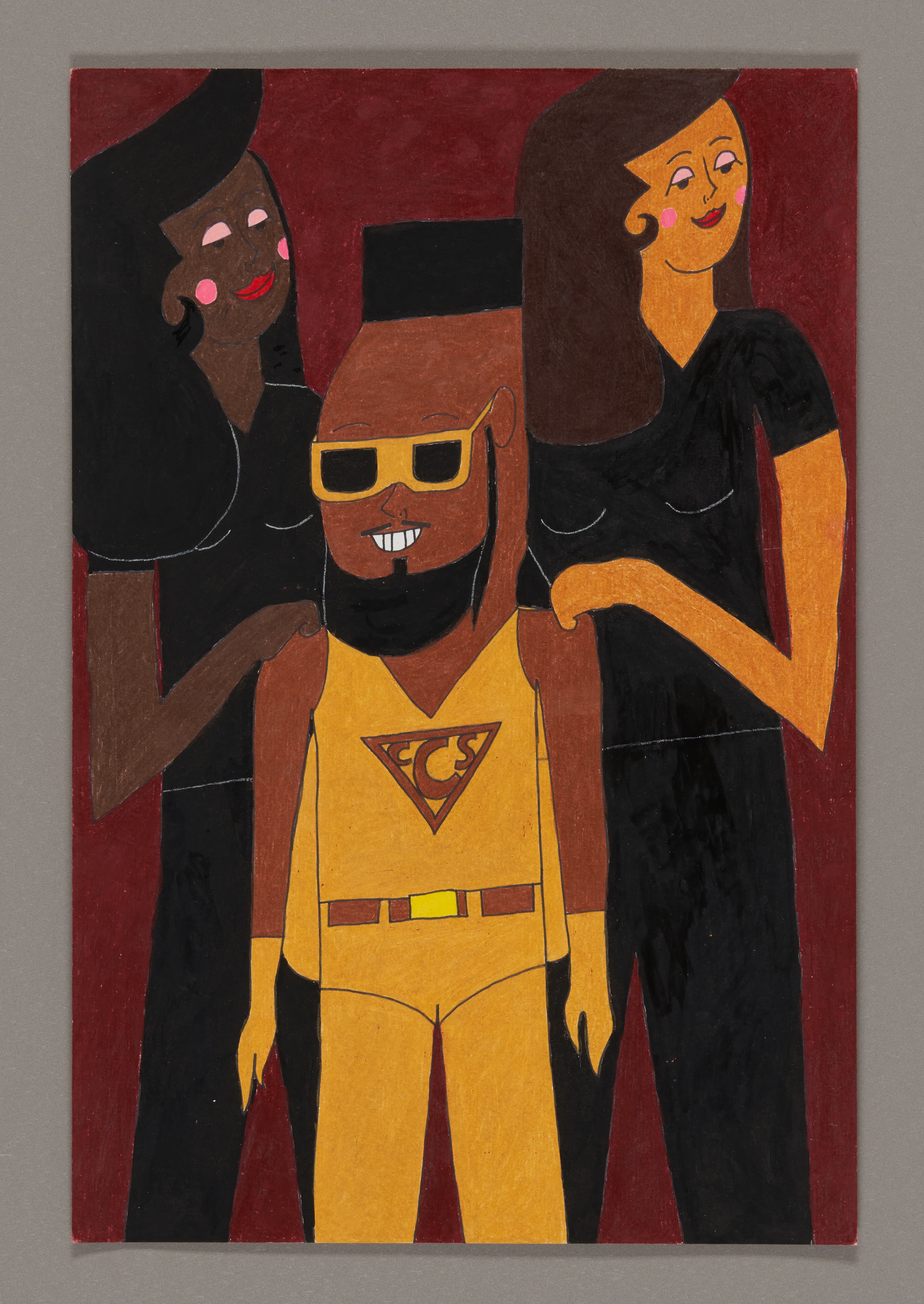 Drawing of three figures in superhero costumes, central figure in yellow with sunglasses flanked by two in black