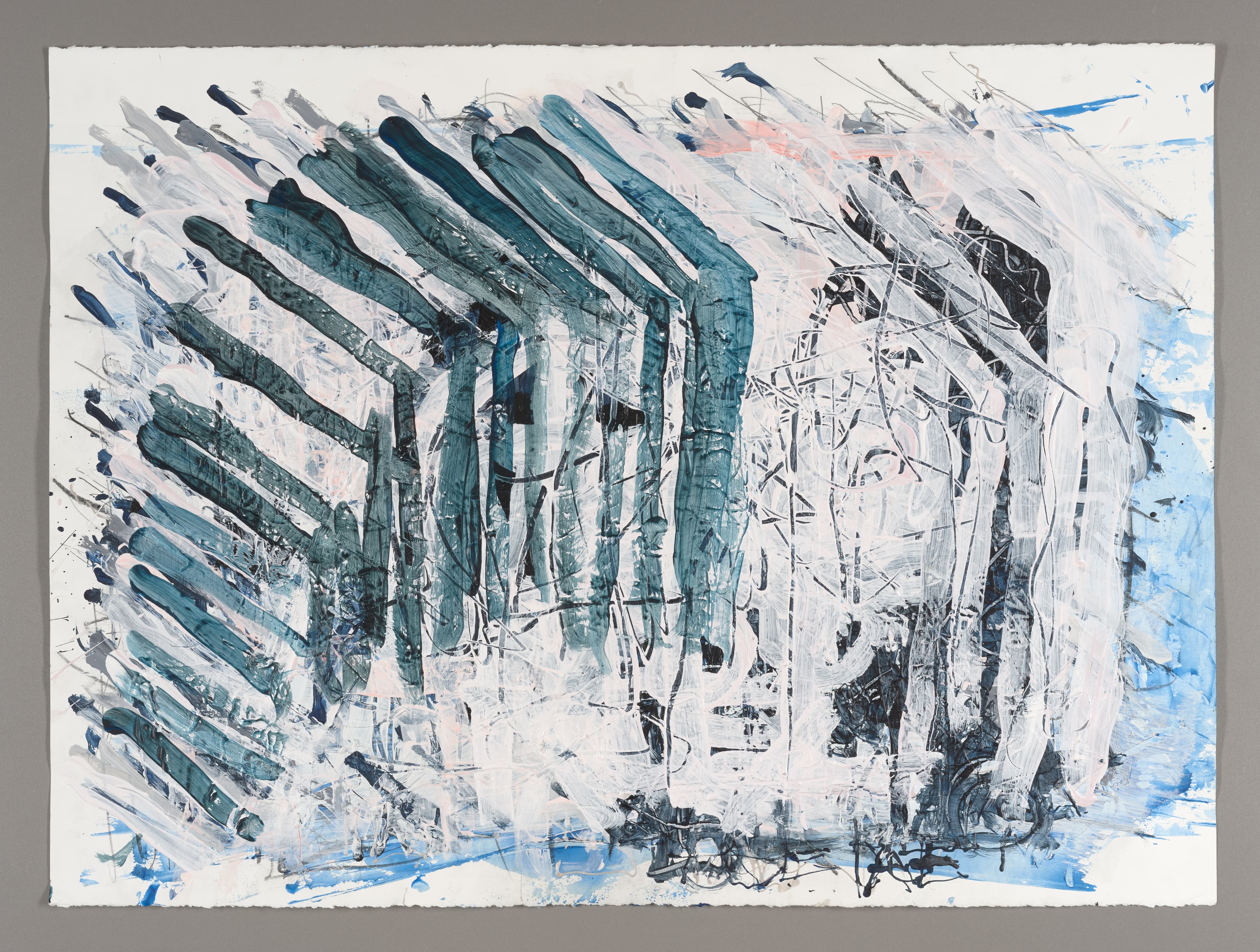 Abstract painting with dark teal vertical brushstrokes on left, loose figurative forms in center, acrylic and graphite on paper