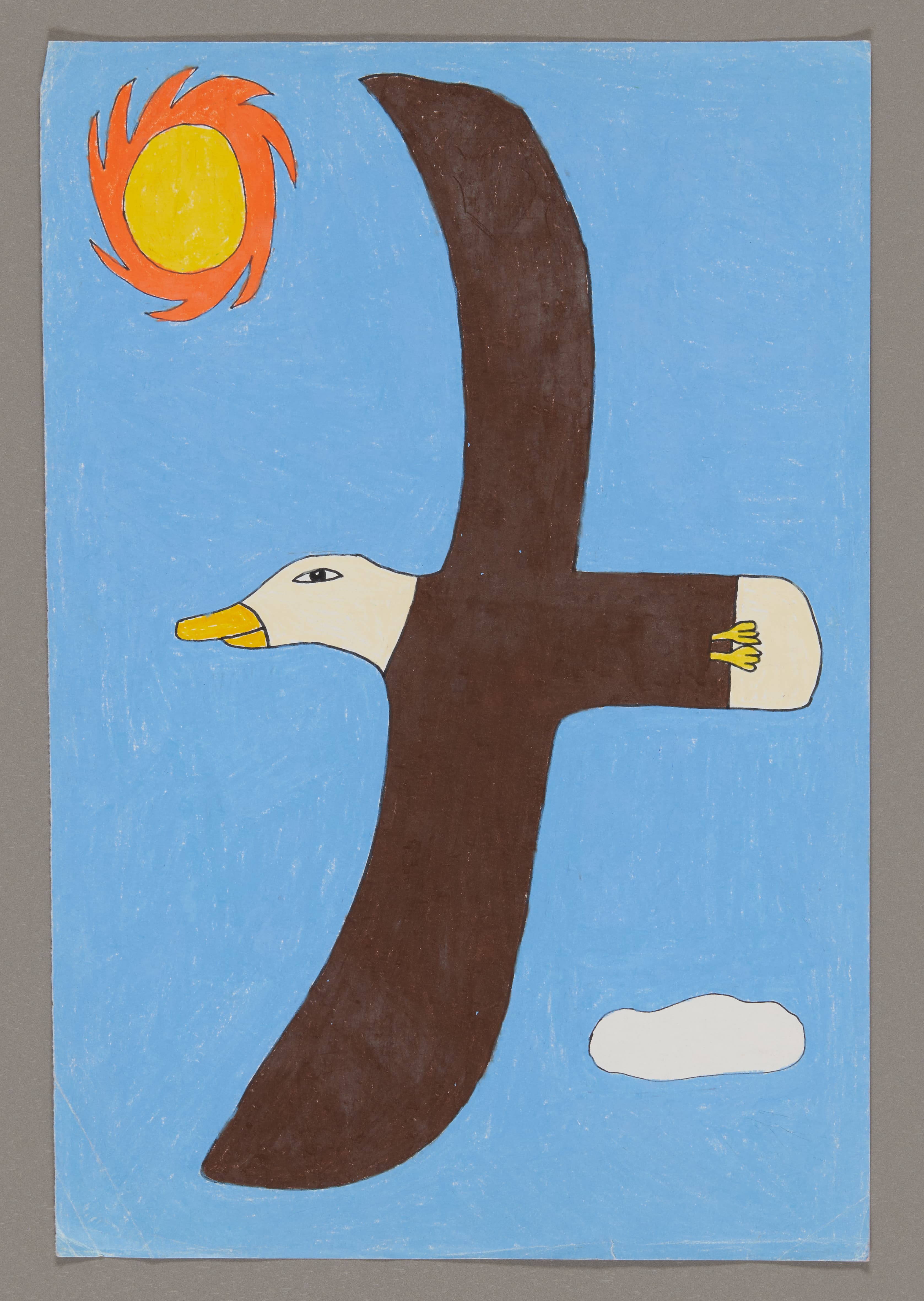 Drawing of a brown bird in flight against blue sky with orange sun and white cloud, made with color stix and colored pencil