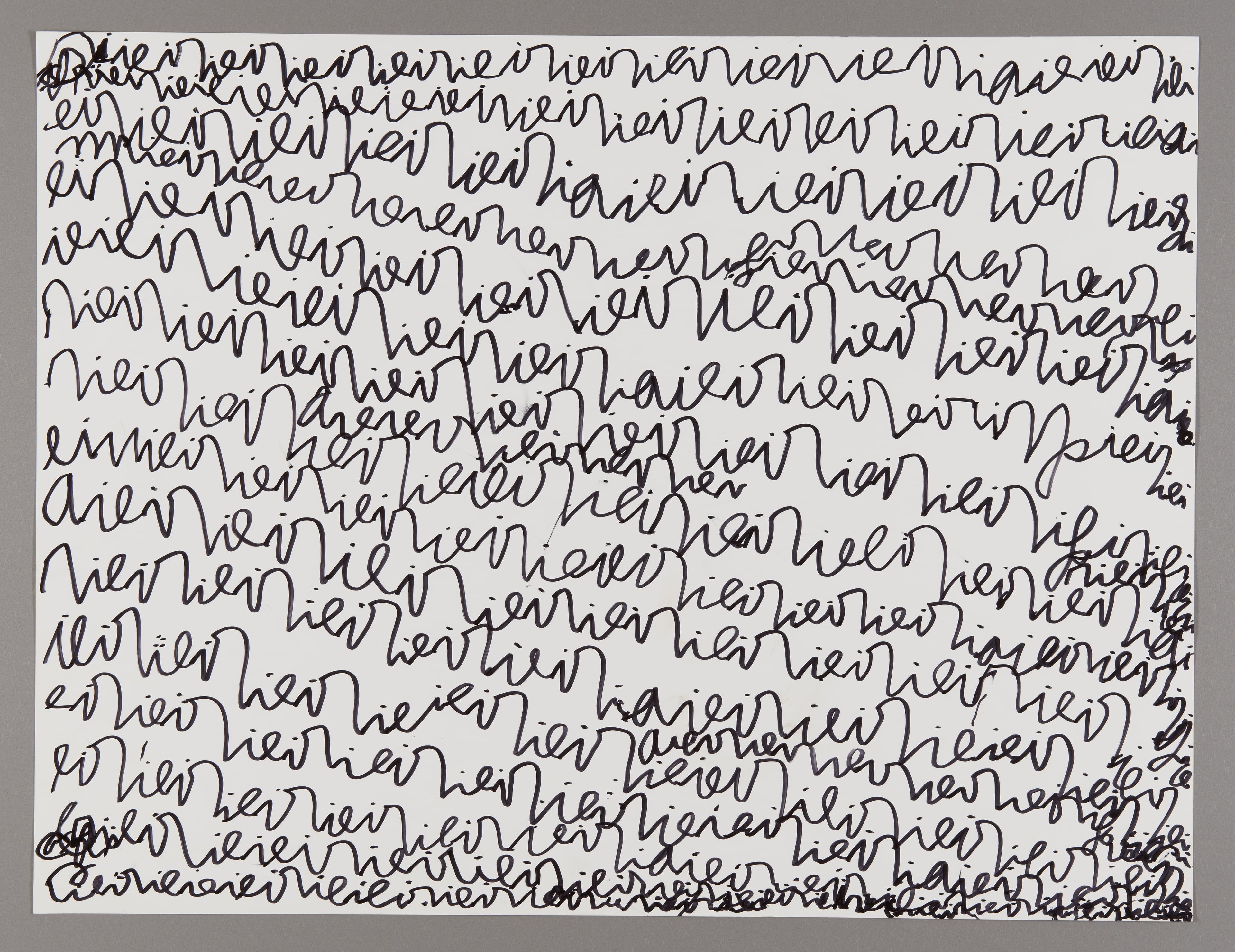 Drawing with dense cursive script in black ink covering white paper in flowing, repetitive lines