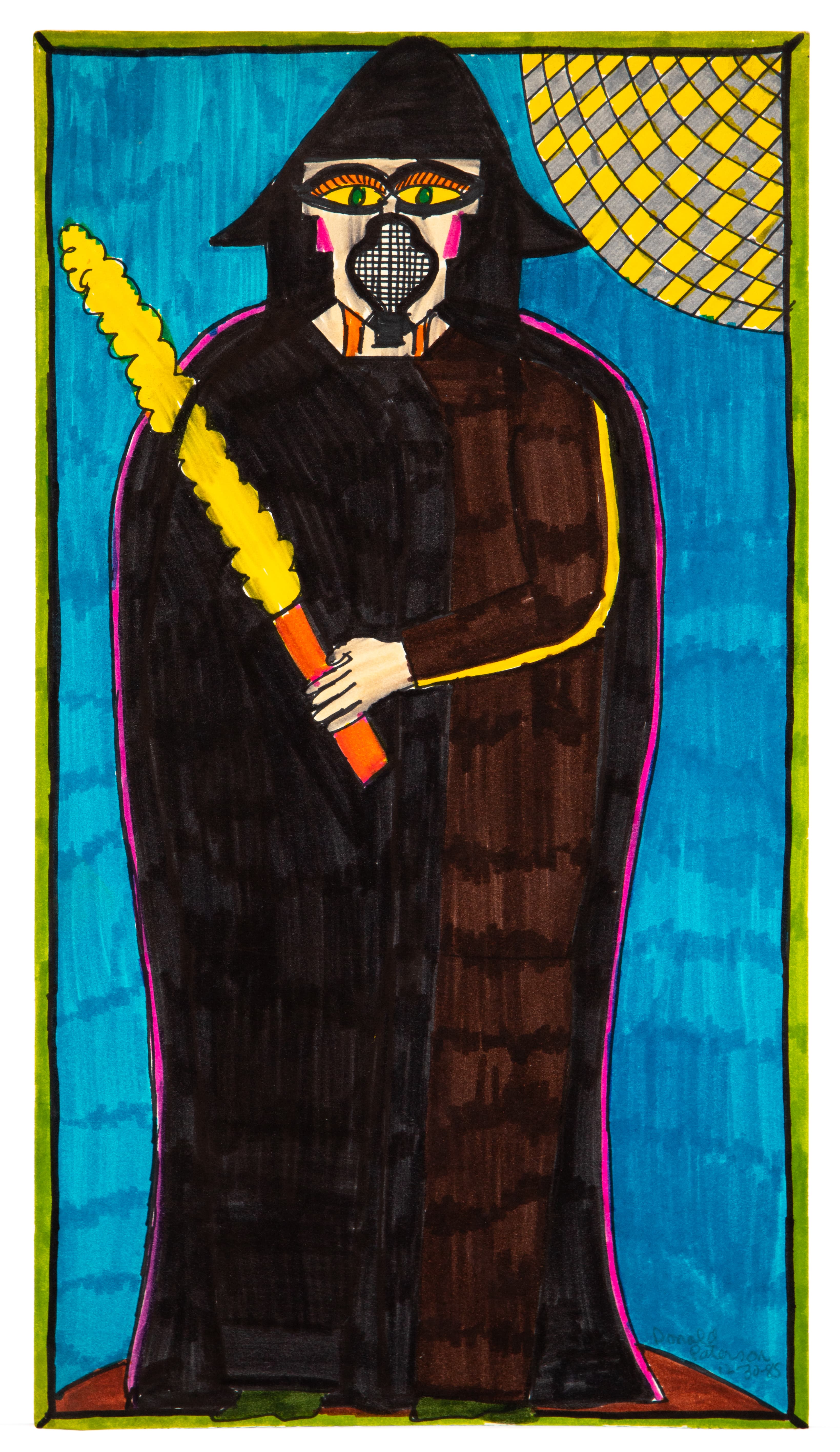 Painting of hooded figure in black robe holding yellow torch, mixed media on paper with bright blue background